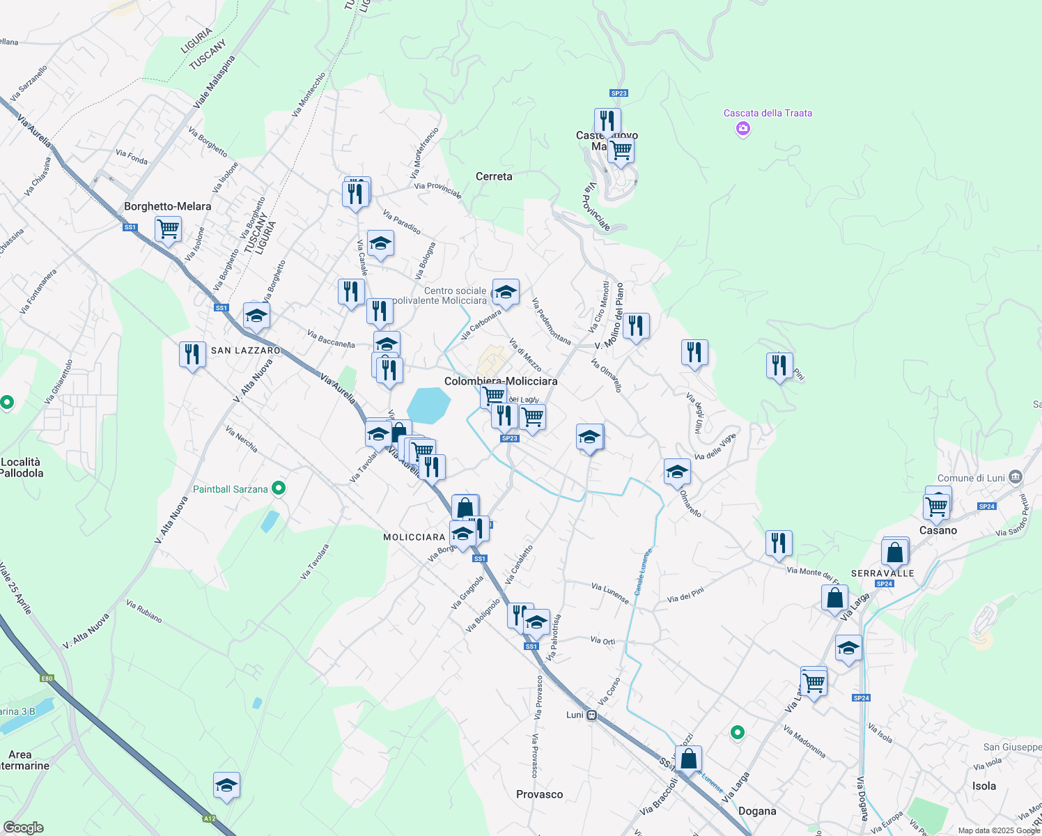 map of restaurants, bars, coffee shops, grocery stores, and more near 131 Via Salicello in Colombiera-molicciara