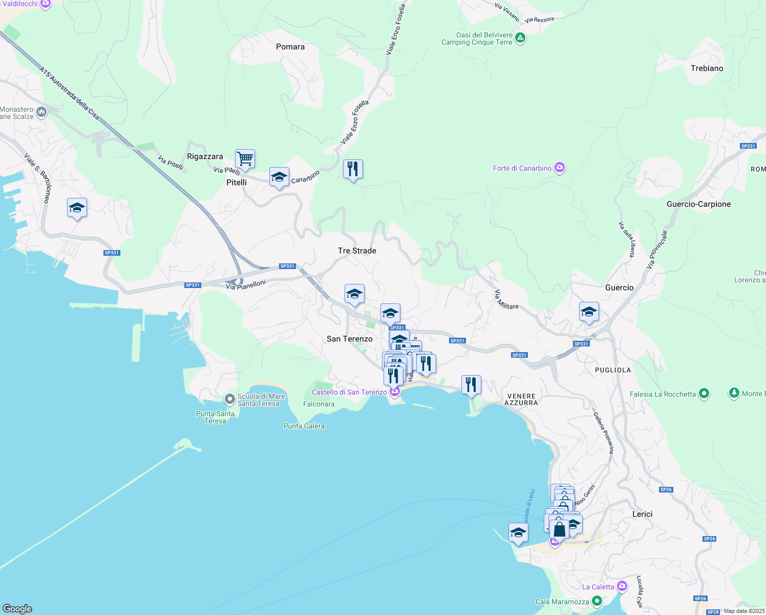 map of restaurants, bars, coffee shops, grocery stores, and more near 5 Località Lizzo in Lerici