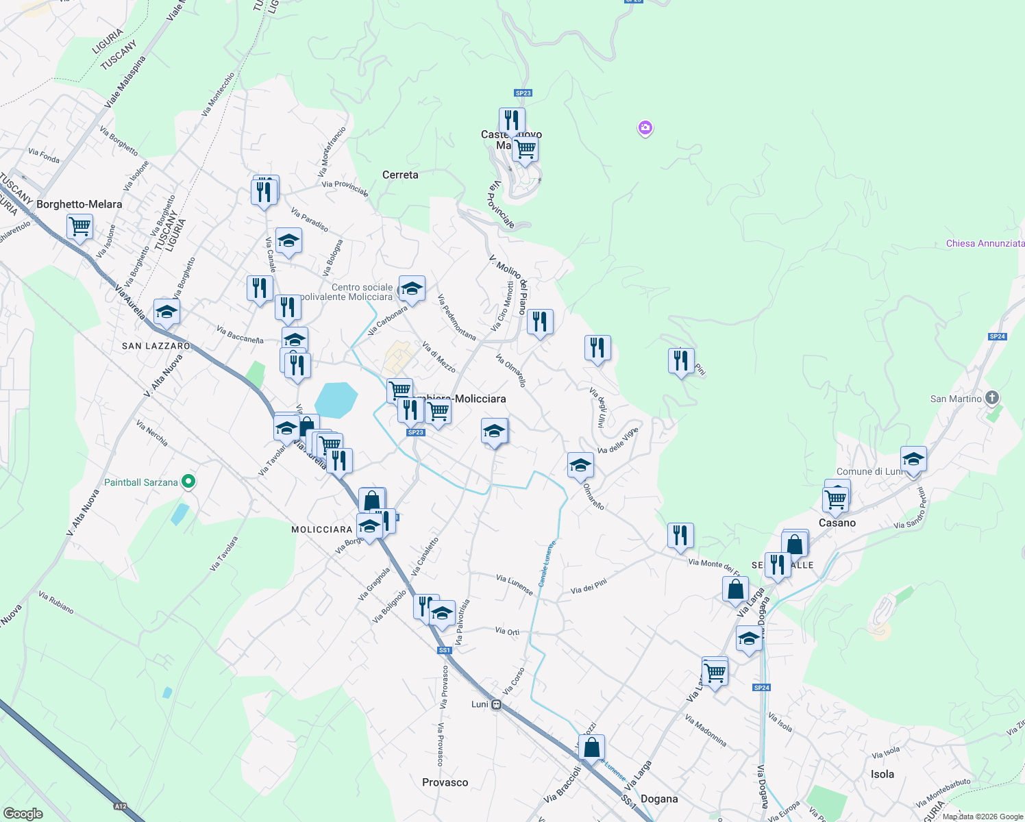 map of restaurants, bars, coffee shops, grocery stores, and more near 2 Via Tagliata in Colombiera-Molicciara