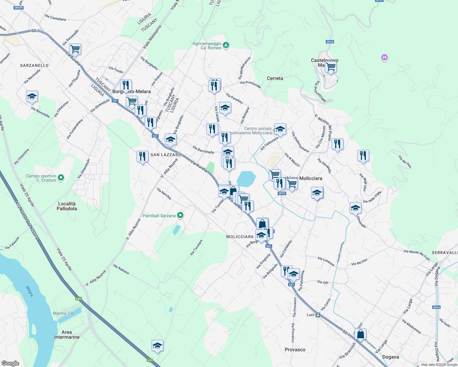 map of restaurants, bars, coffee shops, grocery stores, and more near 23 Via Canale in Colombiera-Molicciara