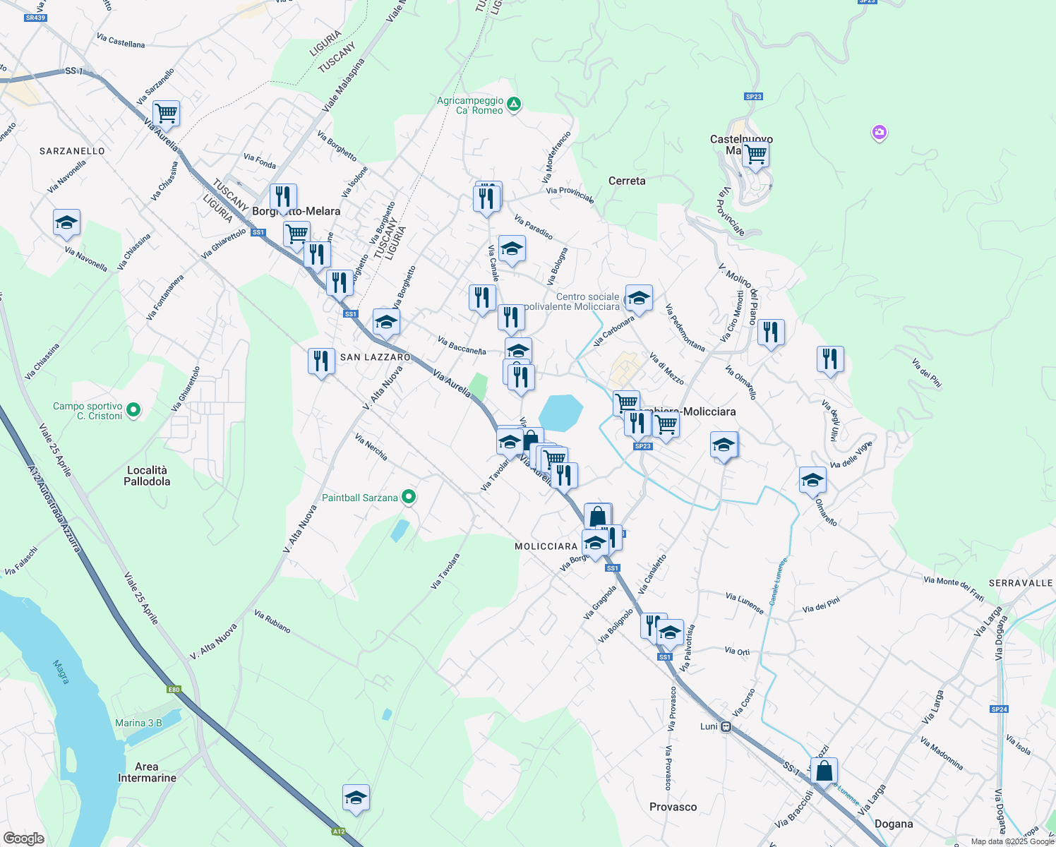 map of restaurants, bars, coffee shops, grocery stores, and more near 23 Via Canale in Colombiera-Molicciara