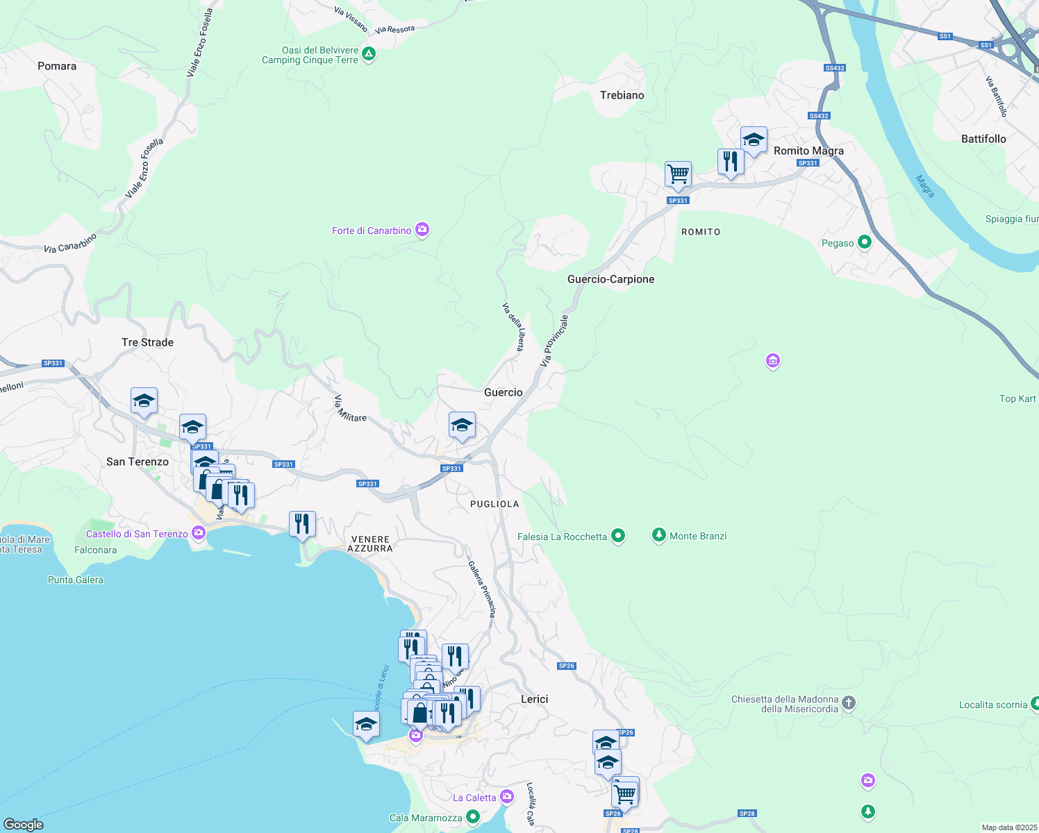 map of restaurants, bars, coffee shops, grocery stores, and more near 381 Via Provinciale in Lerici