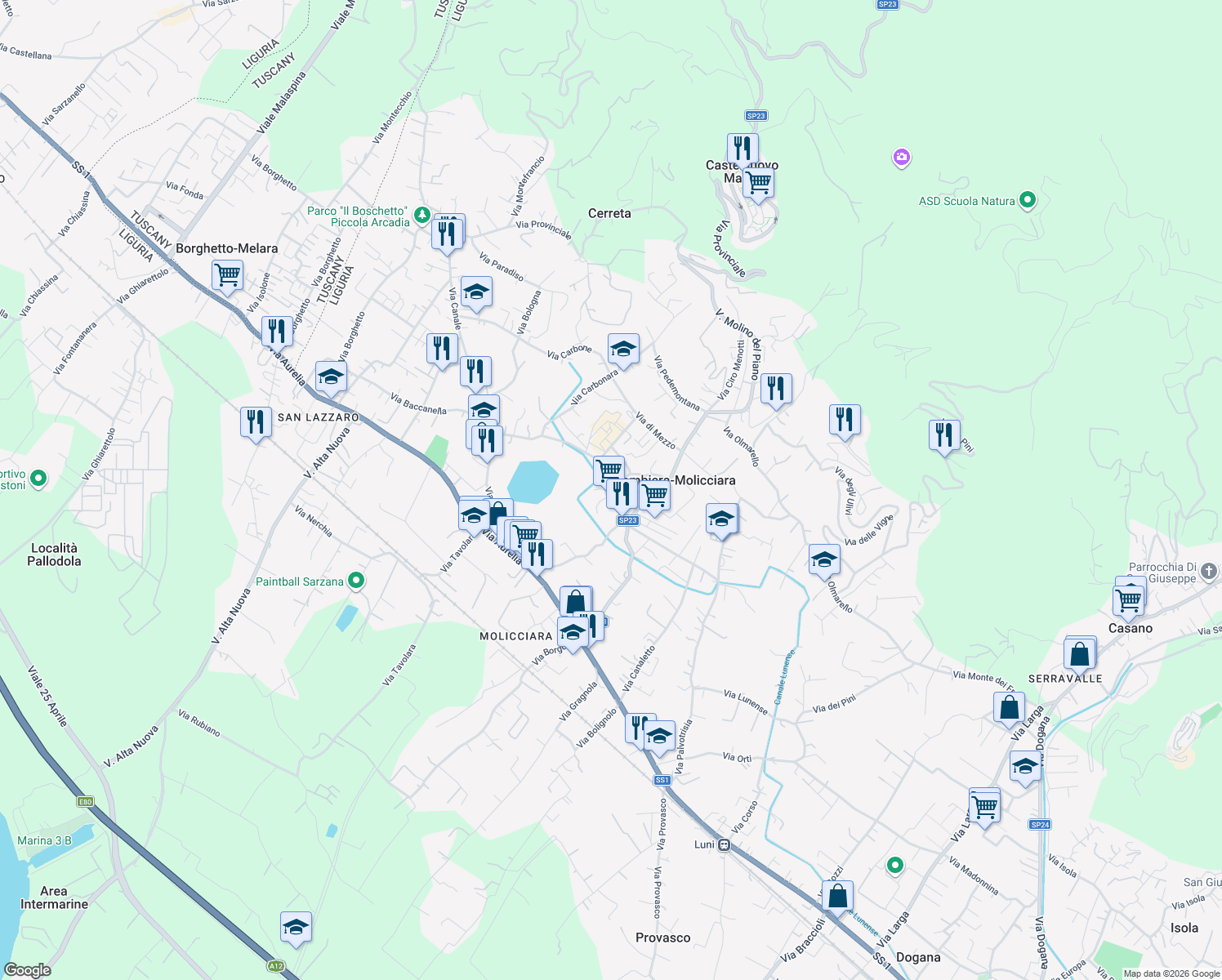 map of restaurants, bars, coffee shops, grocery stores, and more near 27 Via della Pace in Colombiera-molicciara