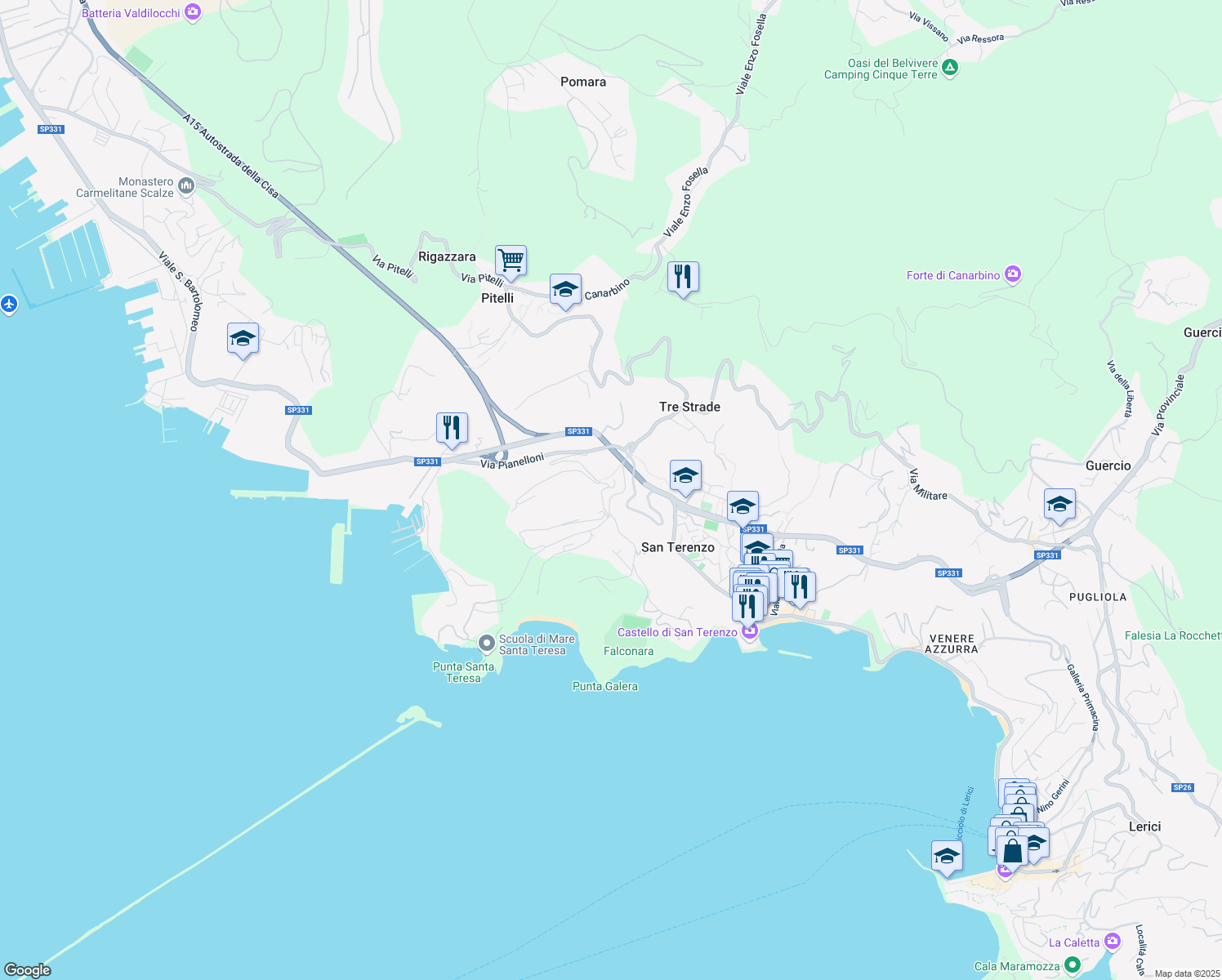 map of restaurants, bars, coffee shops, grocery stores, and more near 36 Via Umberto Biancamano in Lerici