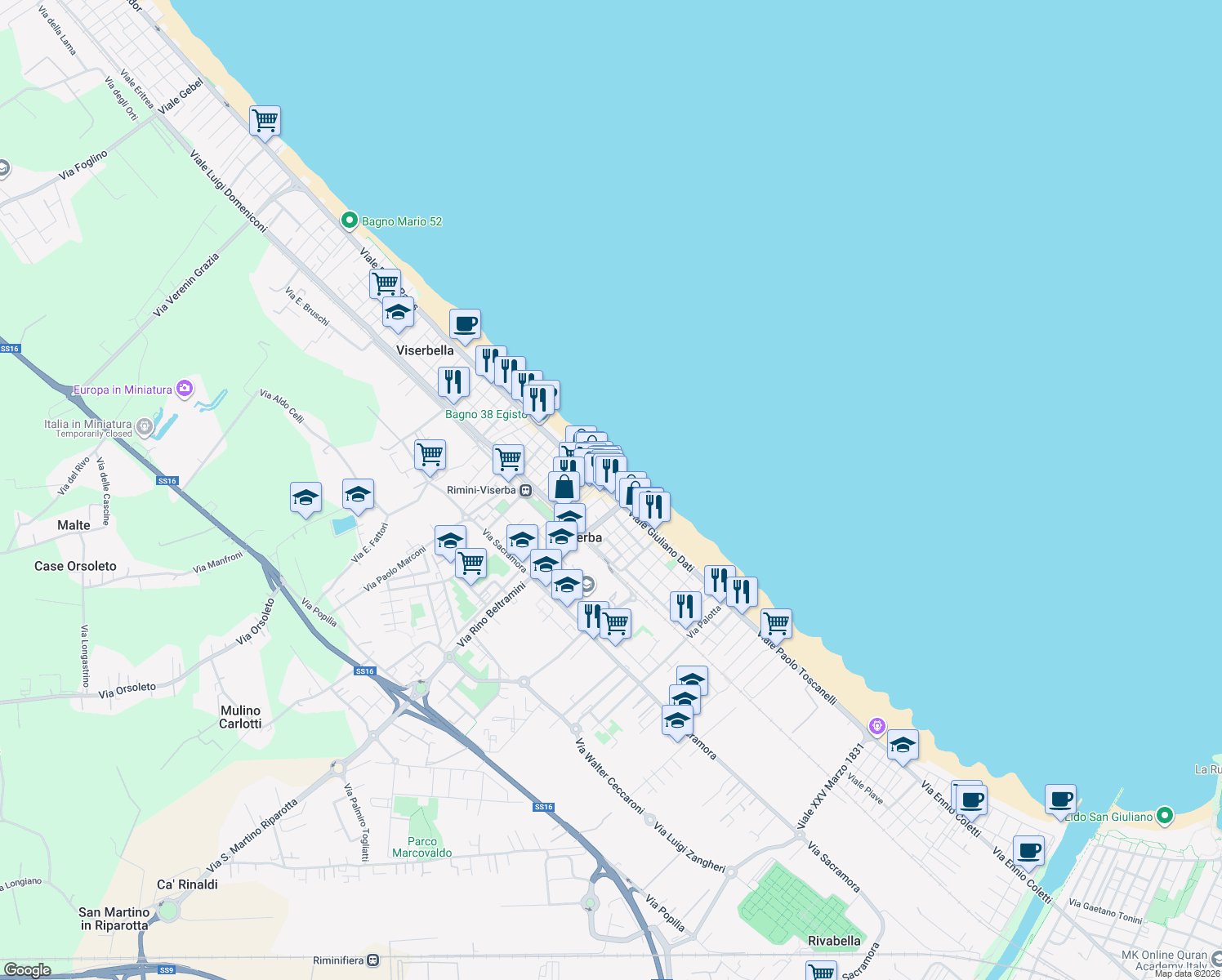 map of restaurants, bars, coffee shops, grocery stores, and more near 57 Viale Giuliano Dati in Rimini