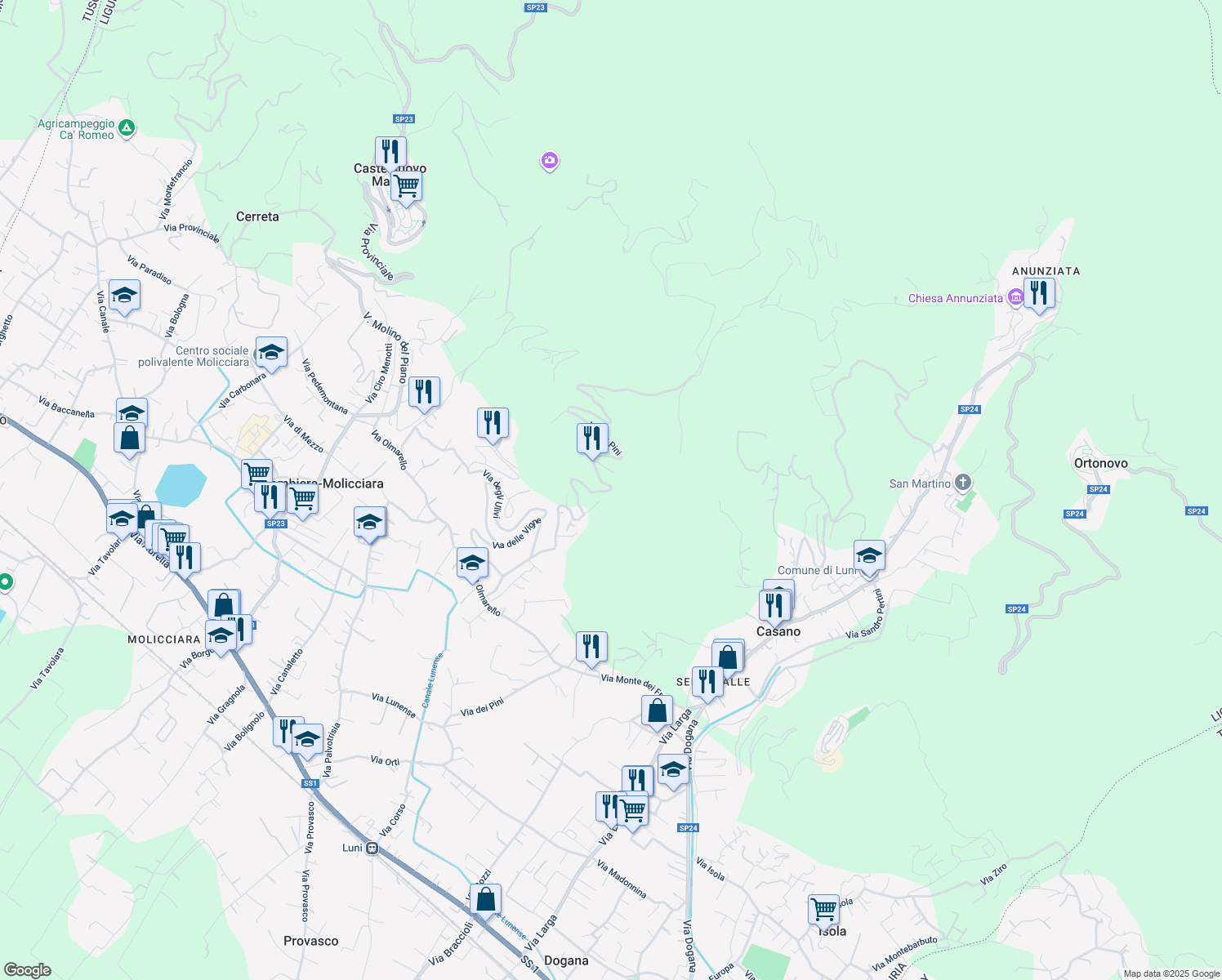 map of restaurants, bars, coffee shops, grocery stores, and more near 40 Via dei Pini in Provincia della Spezia