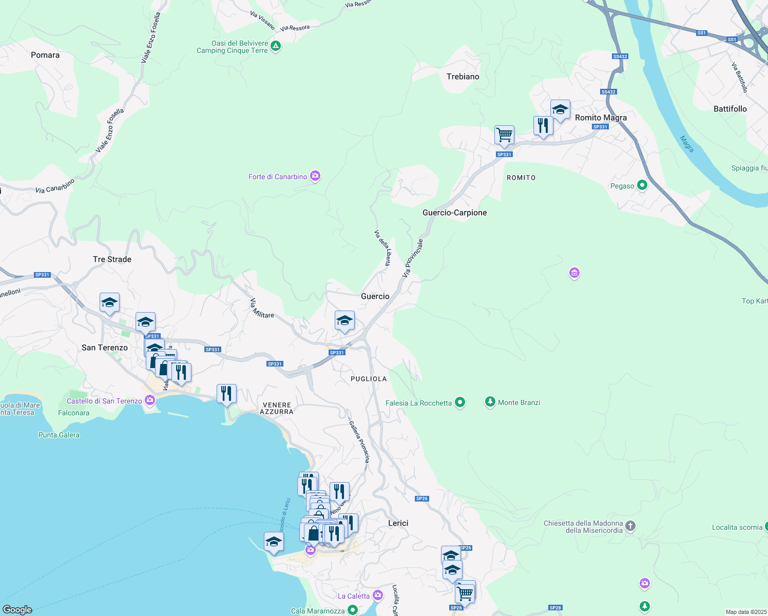map of restaurants, bars, coffee shops, grocery stores, and more near 381 Via Provinciale in Lerici