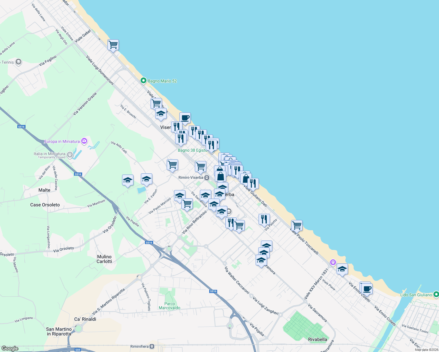 map of restaurants, bars, coffee shops, grocery stores, and more near 4 Via Ciro Menotti in Rimini