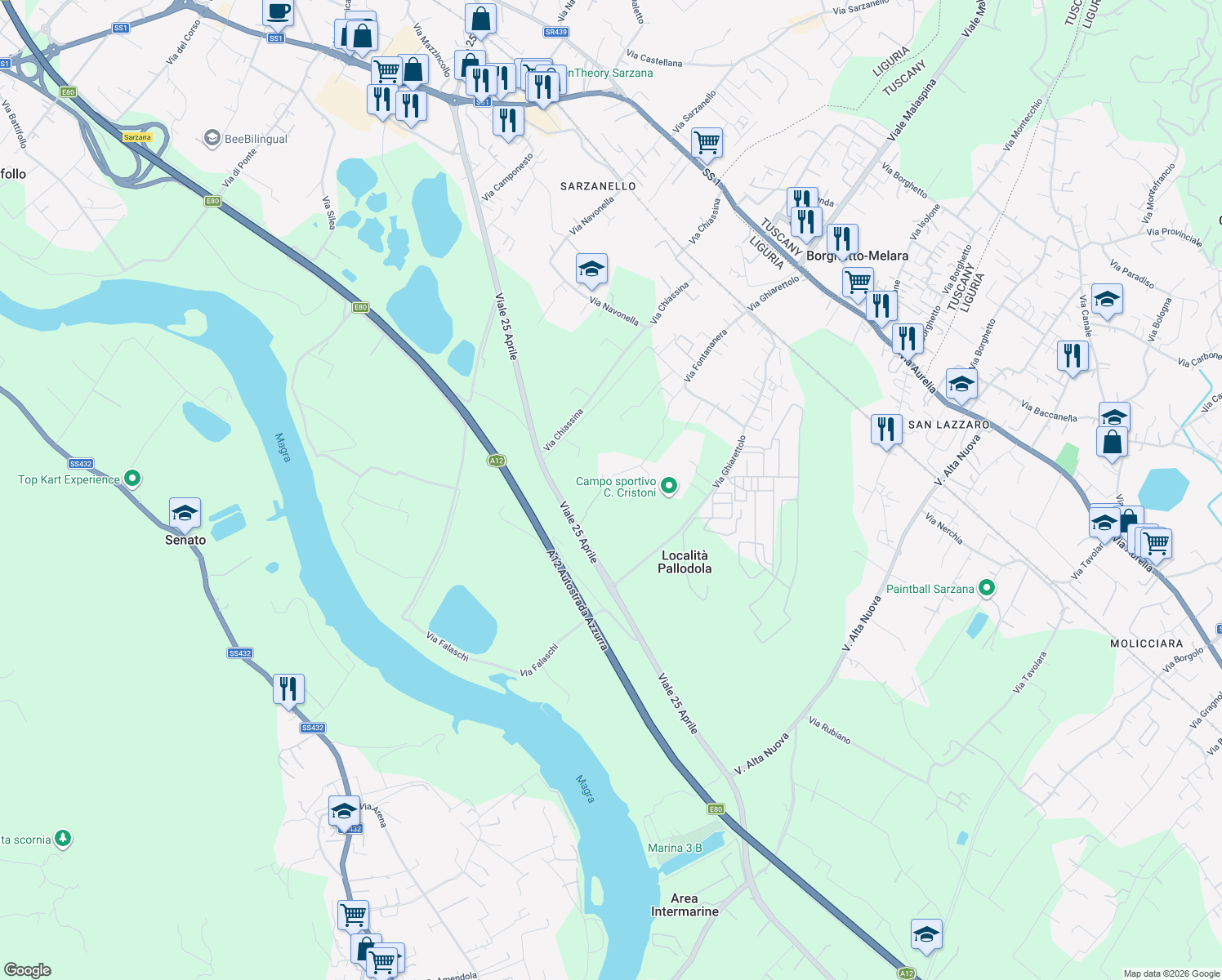map of restaurants, bars, coffee shops, grocery stores, and more near 78 Via Fontananera in Provincia della Spezia