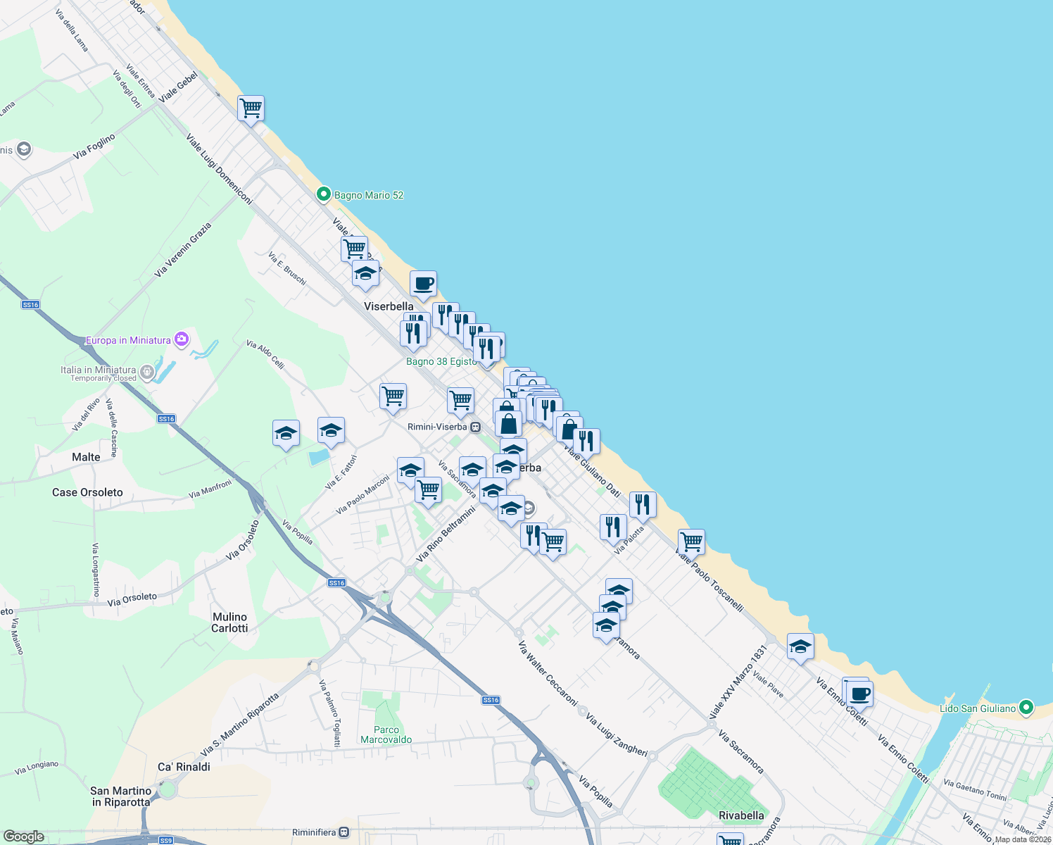 map of restaurants, bars, coffee shops, grocery stores, and more near 2 Via Petricari in Rimini