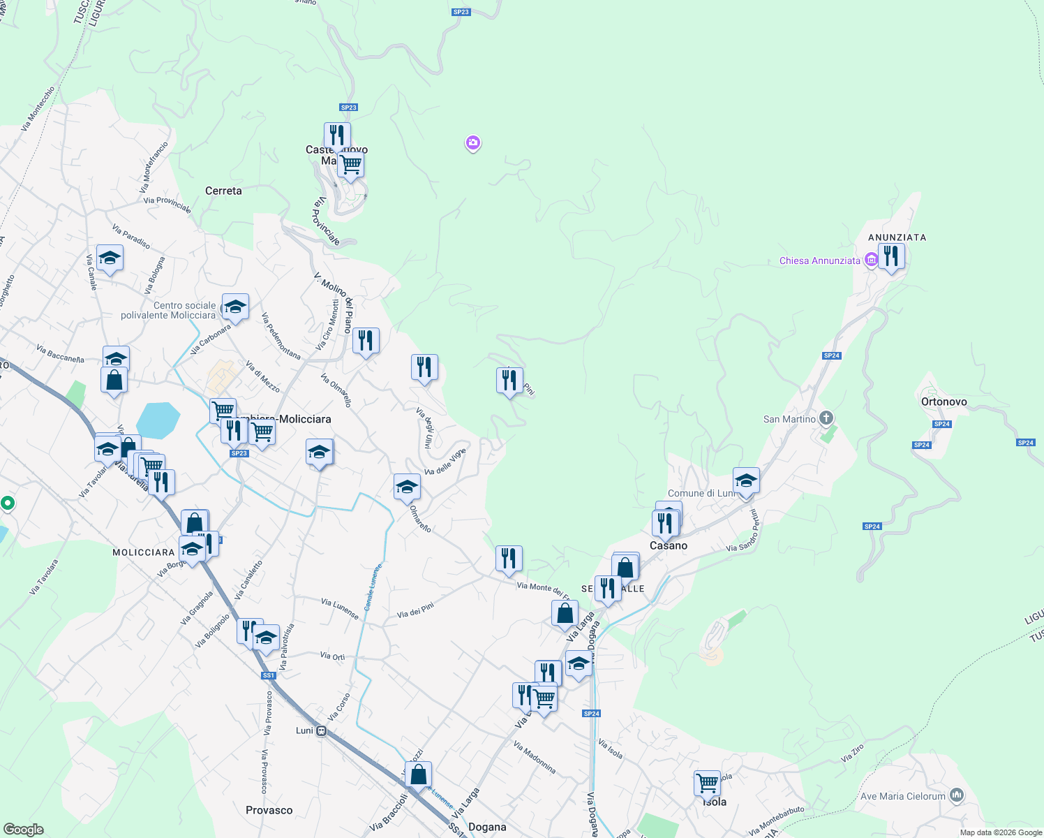 map of restaurants, bars, coffee shops, grocery stores, and more near 40 Via dei Pini in Provincia della Spezia