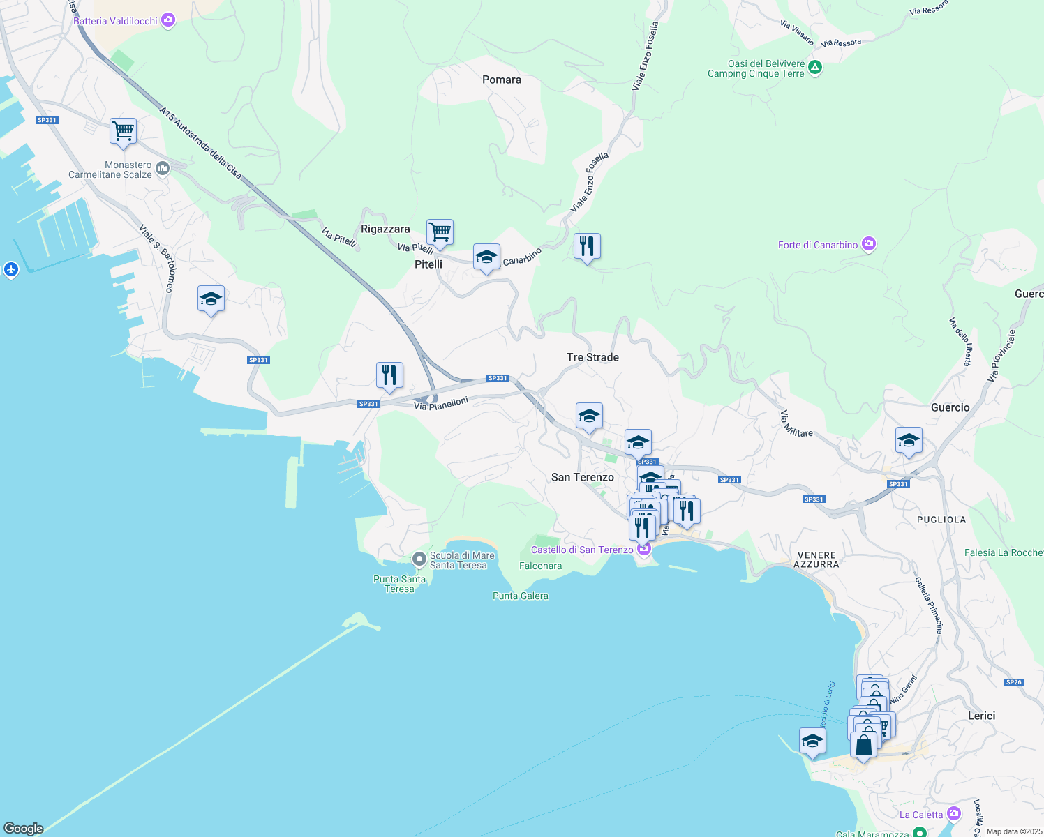 map of restaurants, bars, coffee shops, grocery stores, and more near 36 Via Umberto Biancamano in Lerici