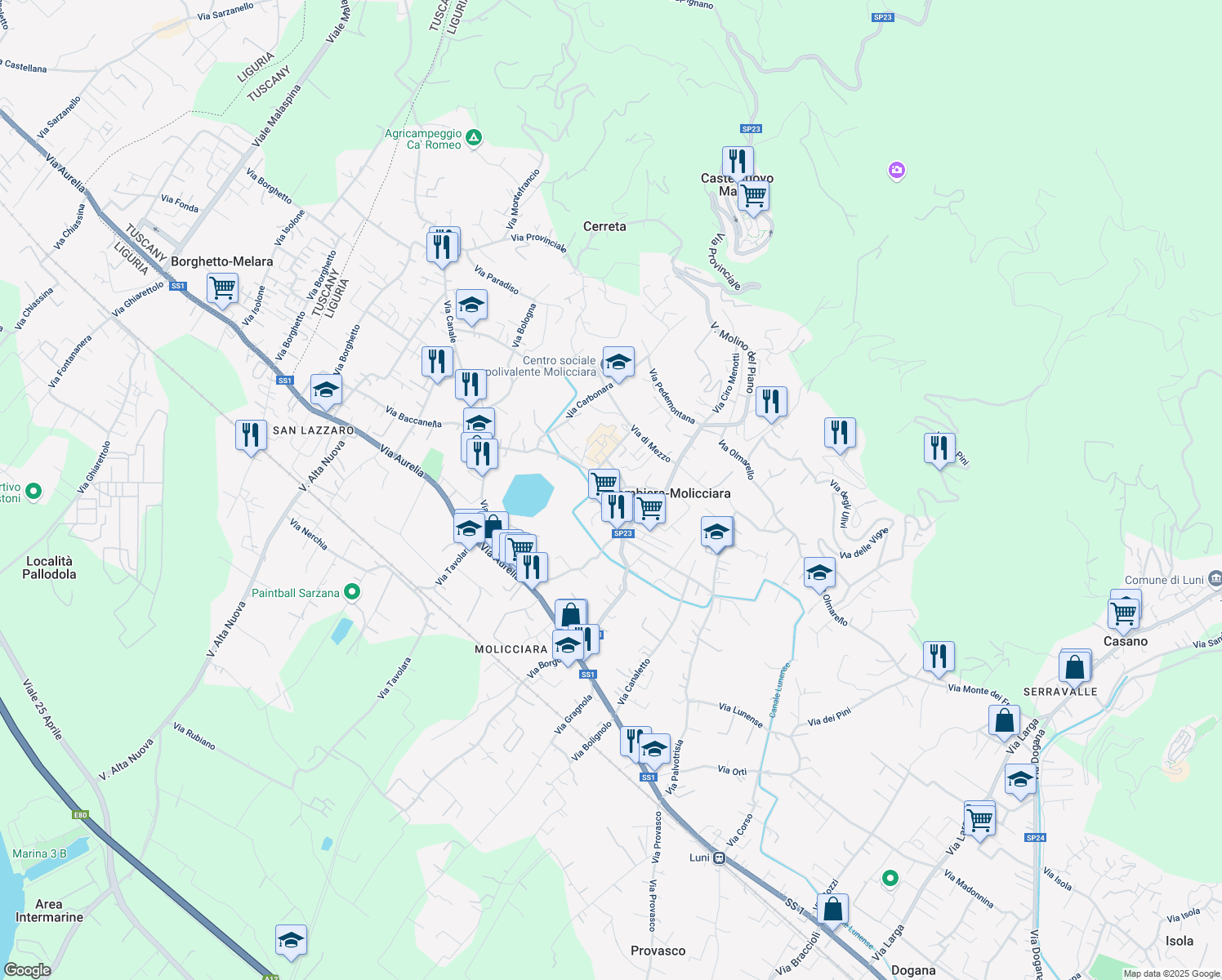 map of restaurants, bars, coffee shops, grocery stores, and more near 131 Via Salicello in Colombiera-molicciara