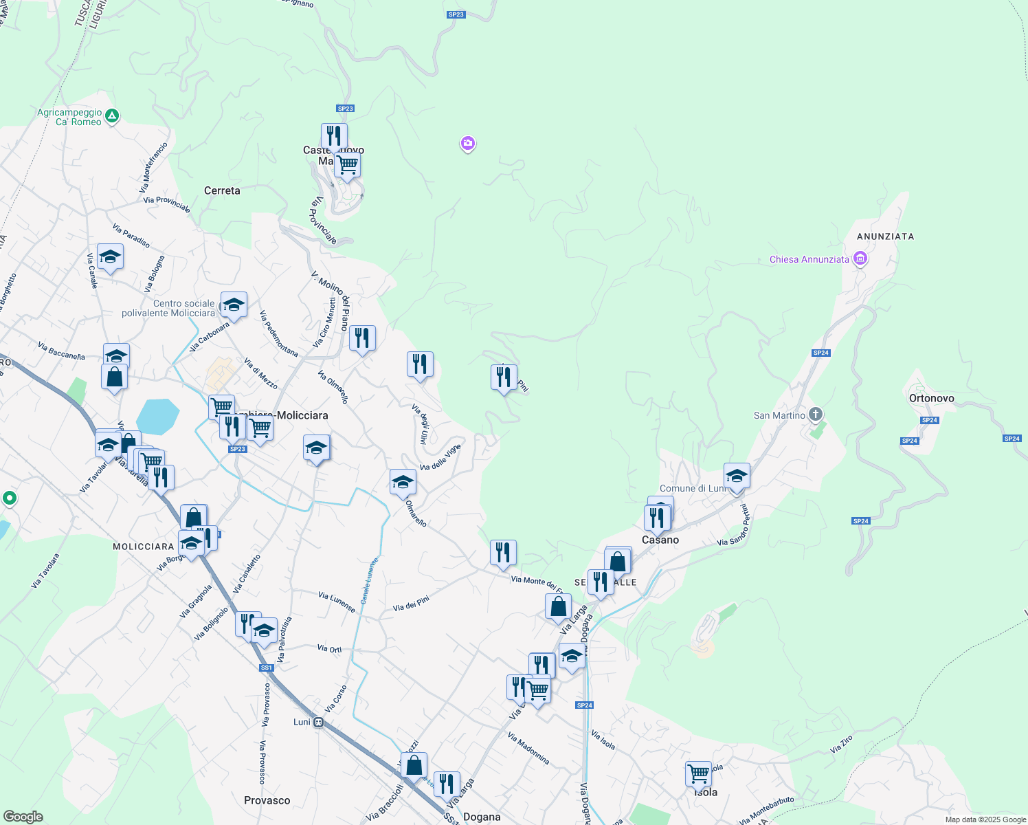 map of restaurants, bars, coffee shops, grocery stores, and more near 40 Via dei Pini in Provincia della Spezia