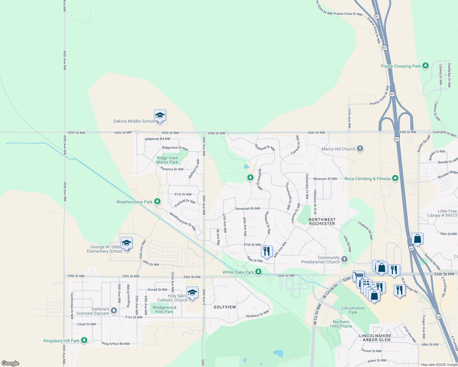 map of restaurants, bars, coffee shops, grocery stores, and more near 4773 White Pine Drive Northwest in Rochester