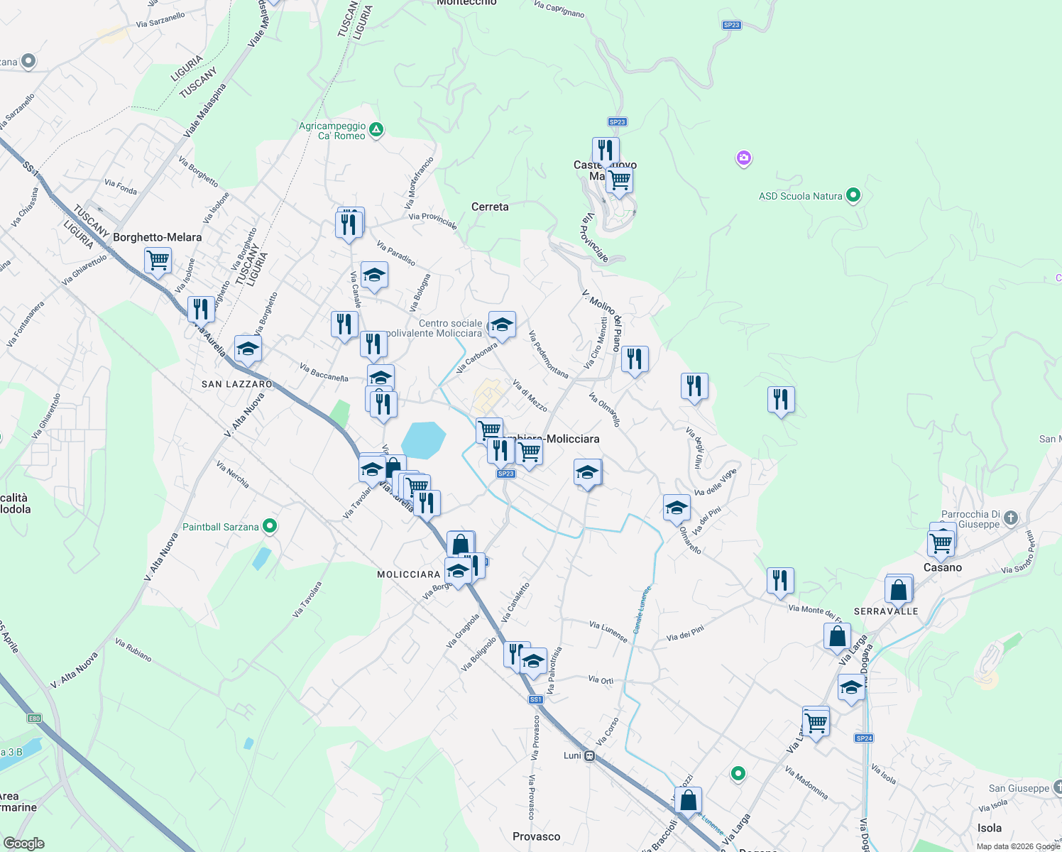 map of restaurants, bars, coffee shops, grocery stores, and more near 19 Via di Mezzo in Colombiera-molicciara
