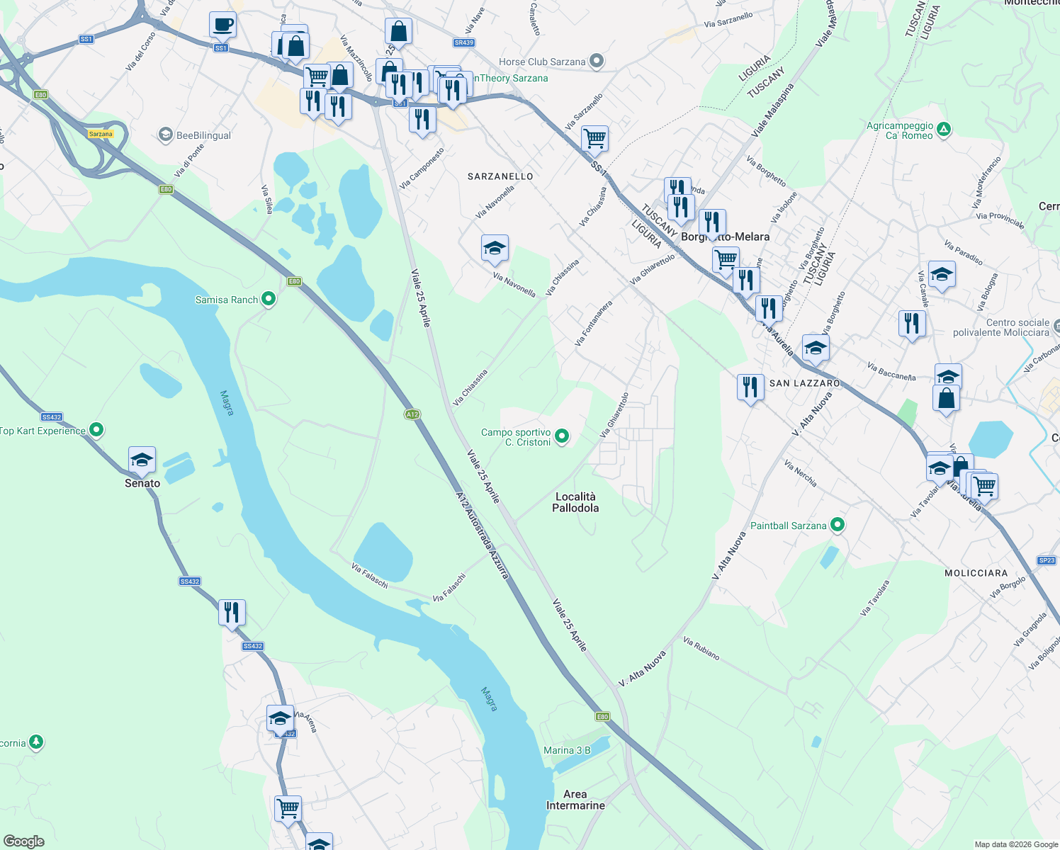 map of restaurants, bars, coffee shops, grocery stores, and more near 94 Via Fontananera in Sarzana