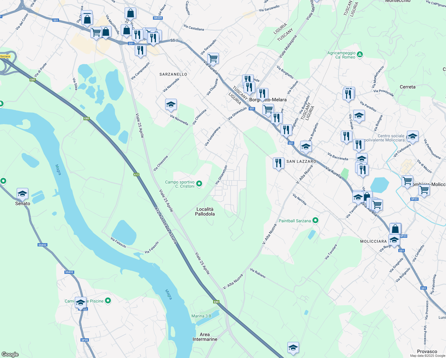map of restaurants, bars, coffee shops, grocery stores, and more near 99 Via Ghiarettolo in Province of La Spezia