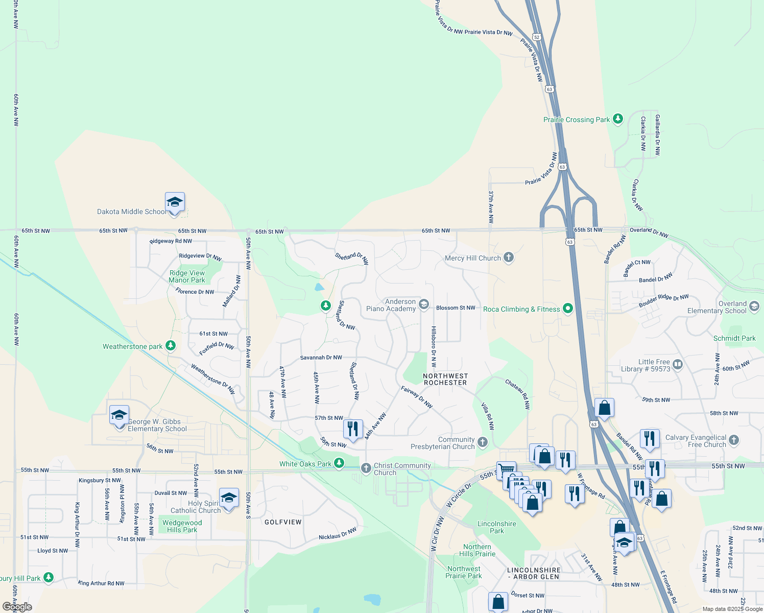 map of restaurants, bars, coffee shops, grocery stores, and more near 4342 Somersby Court Northwest in Rochester