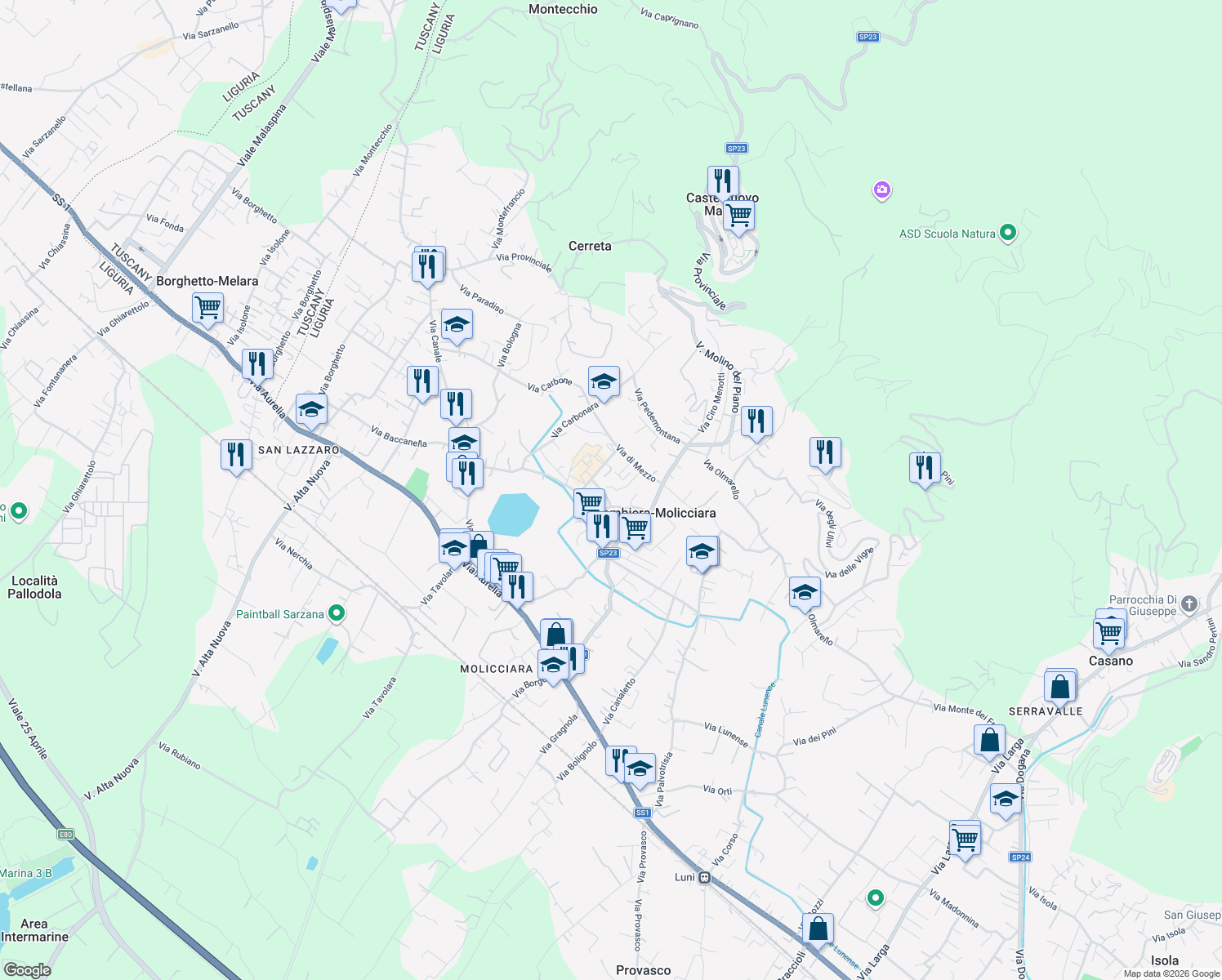 map of restaurants, bars, coffee shops, grocery stores, and more near 31 Via di Mezzo in Colombiera-Molicciara
