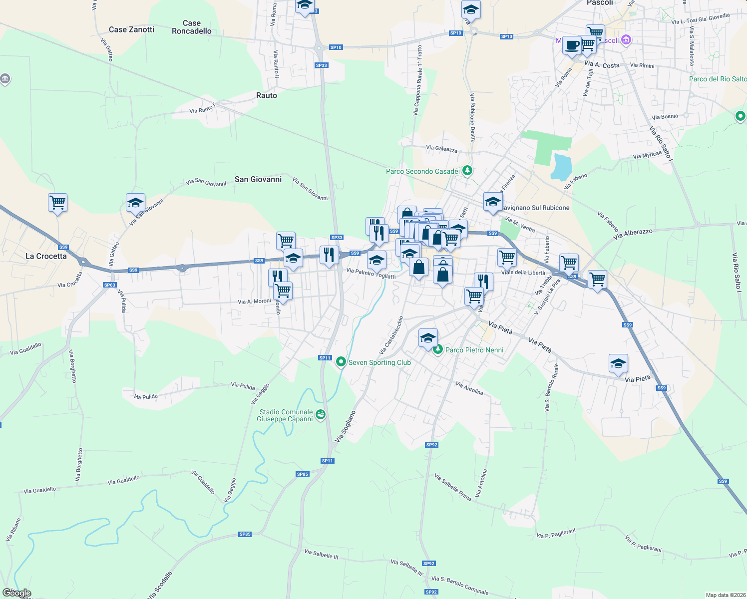 map of restaurants, bars, coffee shops, grocery stores, and more near 5 Via Palmiro Togliatti in Savignano Sul Rubicone