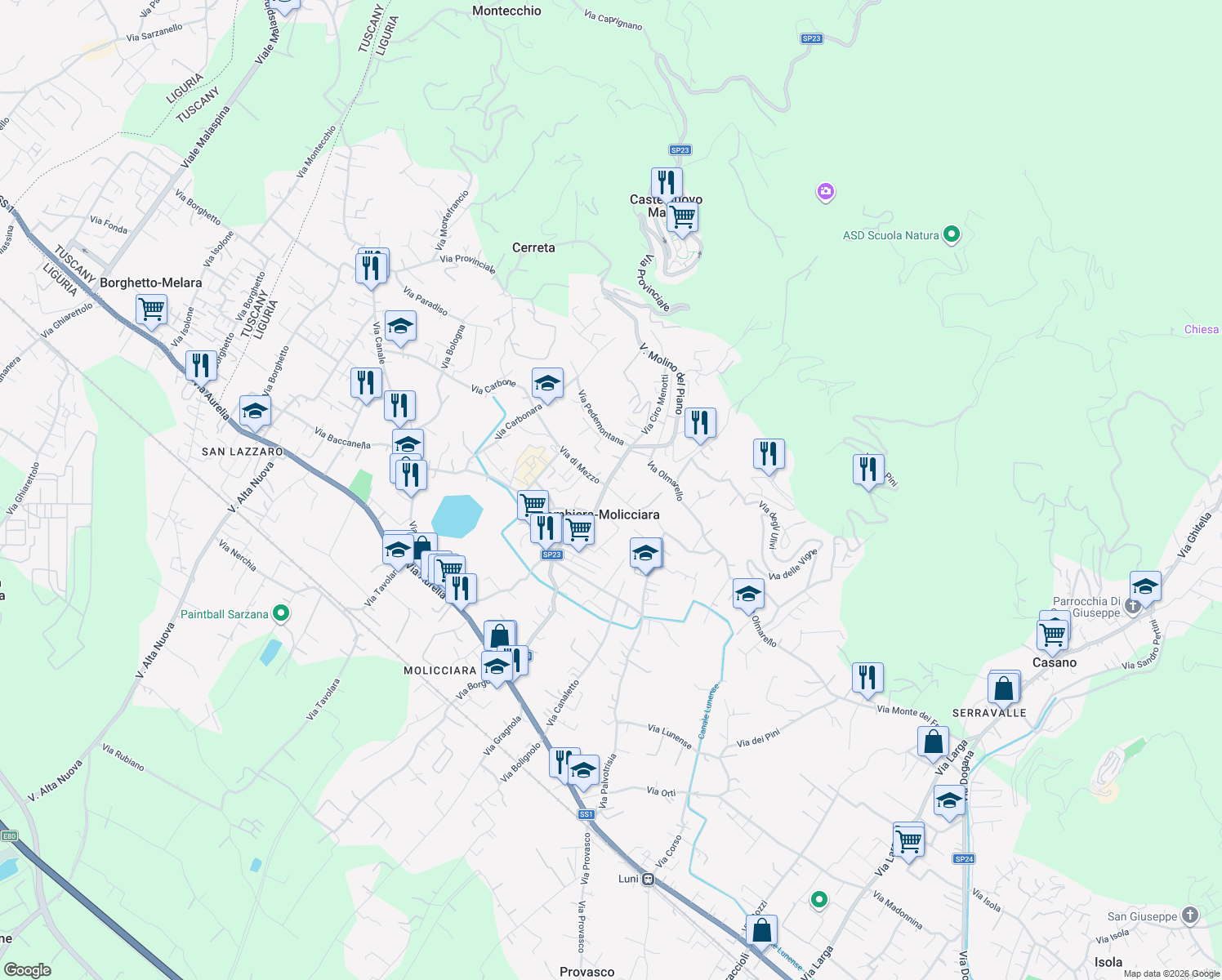 map of restaurants, bars, coffee shops, grocery stores, and more near 9 Via di Mezzo in Colombiera-molicciara