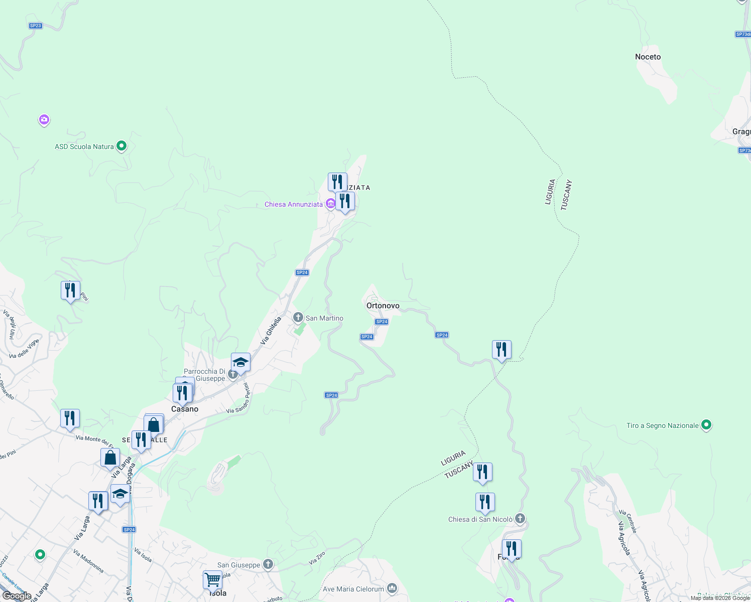 map of restaurants, bars, coffee shops, grocery stores, and more near 20 Via Ceccardo Roccatagliata Ceccardi in Ortonovo