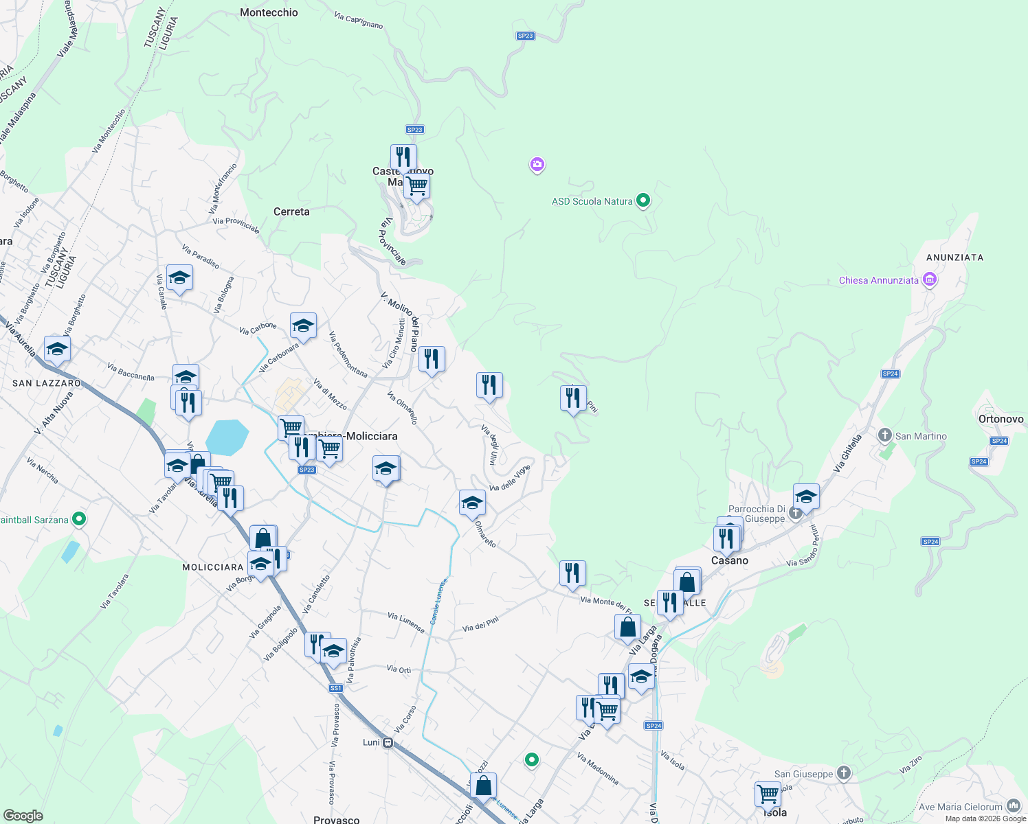 map of restaurants, bars, coffee shops, grocery stores, and more near 35 Via degli Ulivi in Colombiera-molicciara