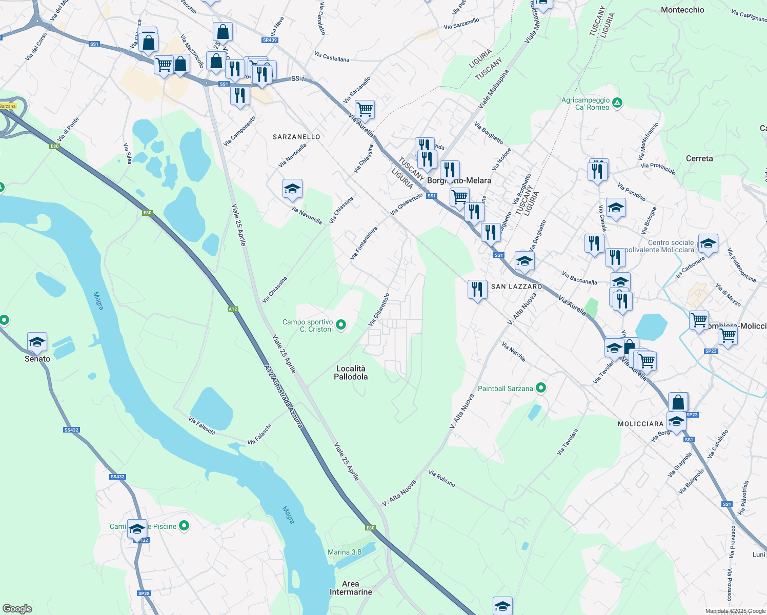 map of restaurants, bars, coffee shops, grocery stores, and more near 99 Via Ghiarettolo in Provincia della Spezia