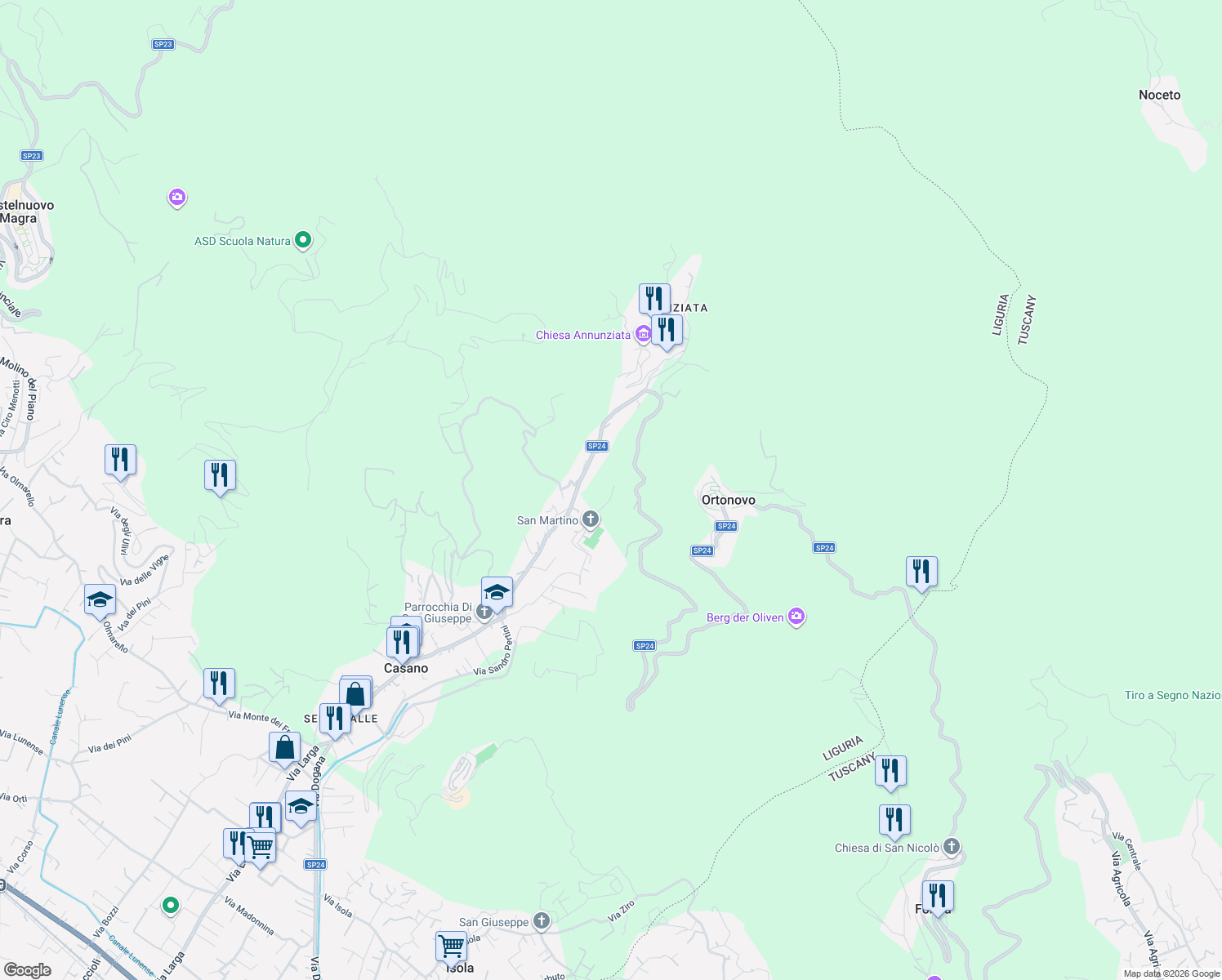 map of restaurants, bars, coffee shops, grocery stores, and more near 2 Via Nicola in Provincia della Spezia