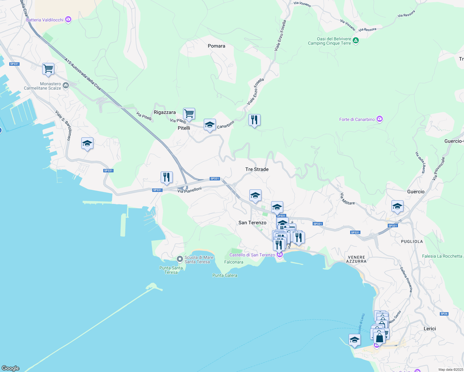 map of restaurants, bars, coffee shops, grocery stores, and more near in Lerici