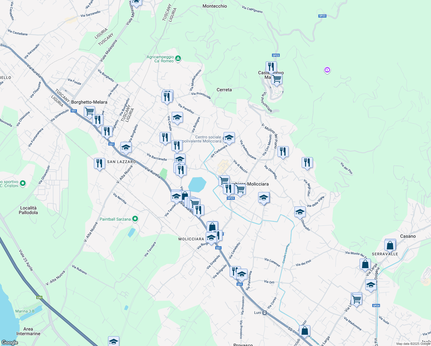 map of restaurants, bars, coffee shops, grocery stores, and more near 52 Via della Pace in Colombiera-Molicciara