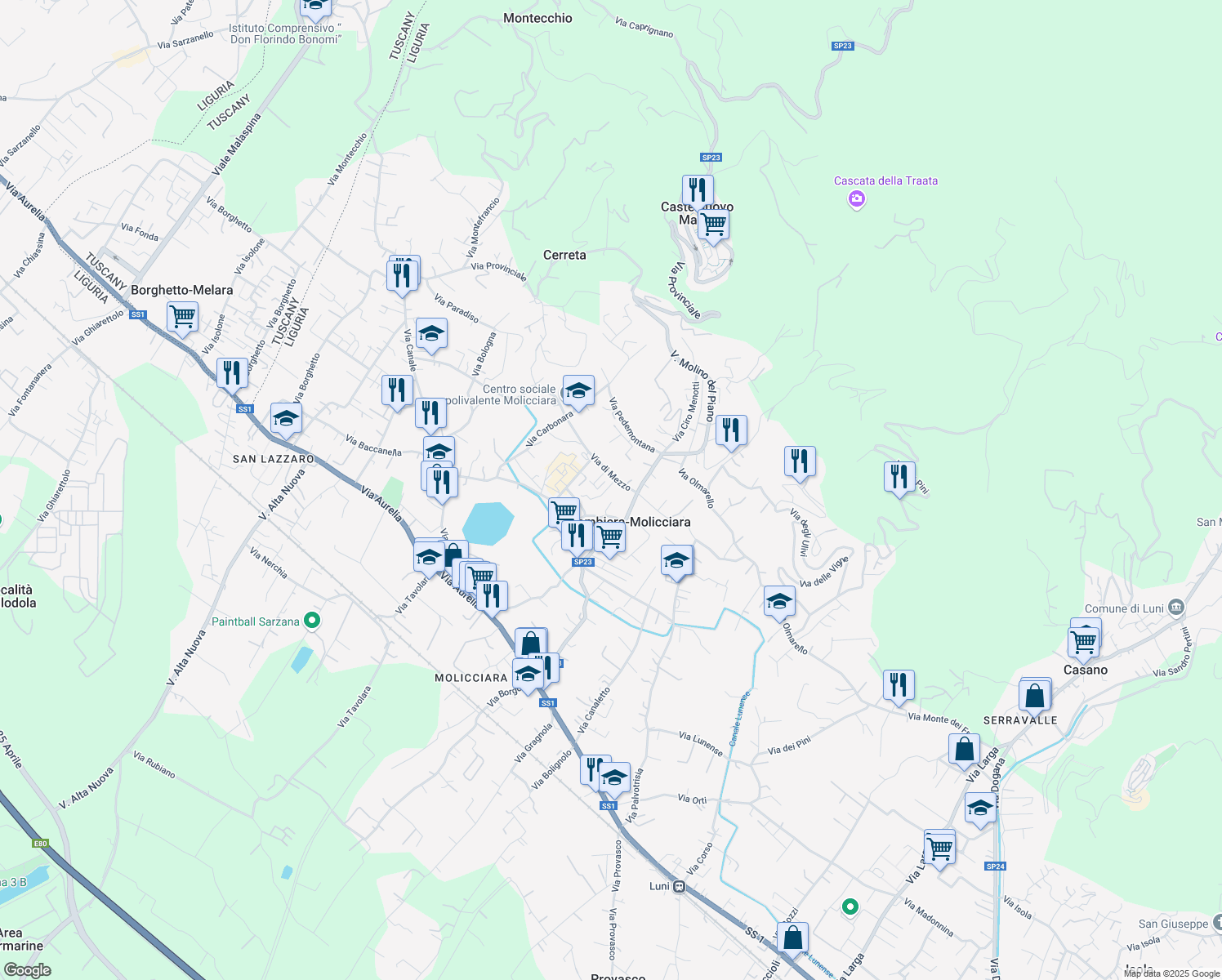 map of restaurants, bars, coffee shops, grocery stores, and more near 19 Via di Mezzo in Colombiera-molicciara