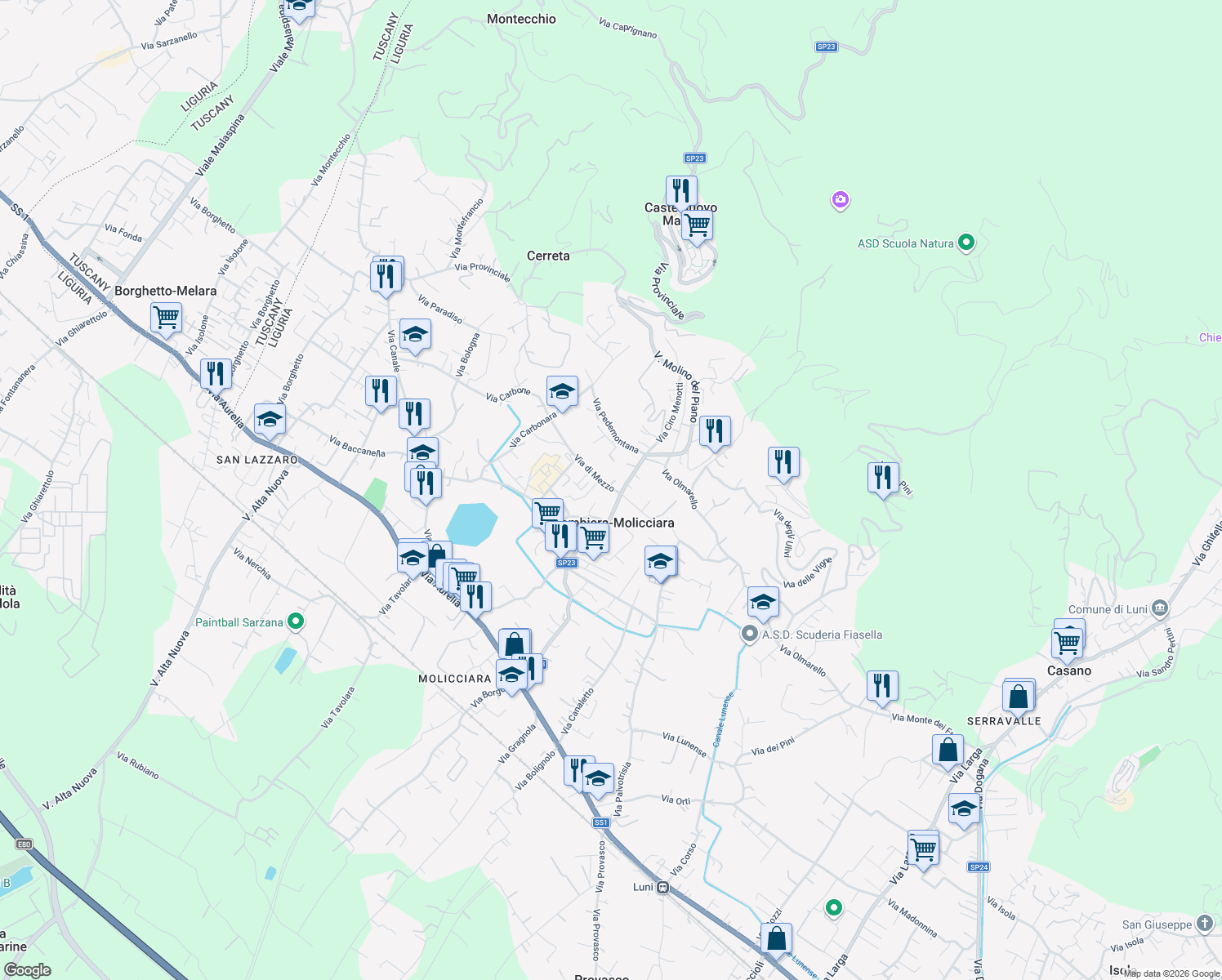 map of restaurants, bars, coffee shops, grocery stores, and more near 19 Via di Mezzo in Colombiera-molicciara
