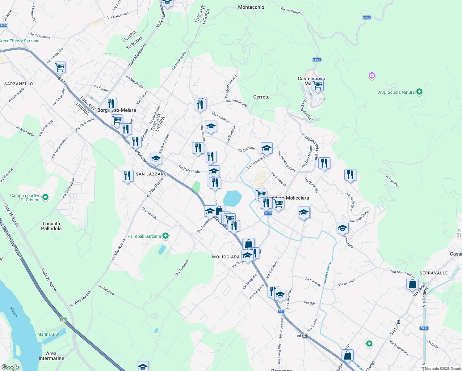 map of restaurants, bars, coffee shops, grocery stores, and more near 79 Via della Pace in Colombiera-Molicciara