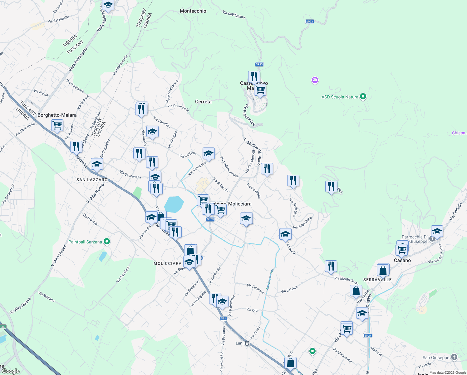 map of restaurants, bars, coffee shops, grocery stores, and more near 9 Via di Mezzo in Colombiera-molicciara