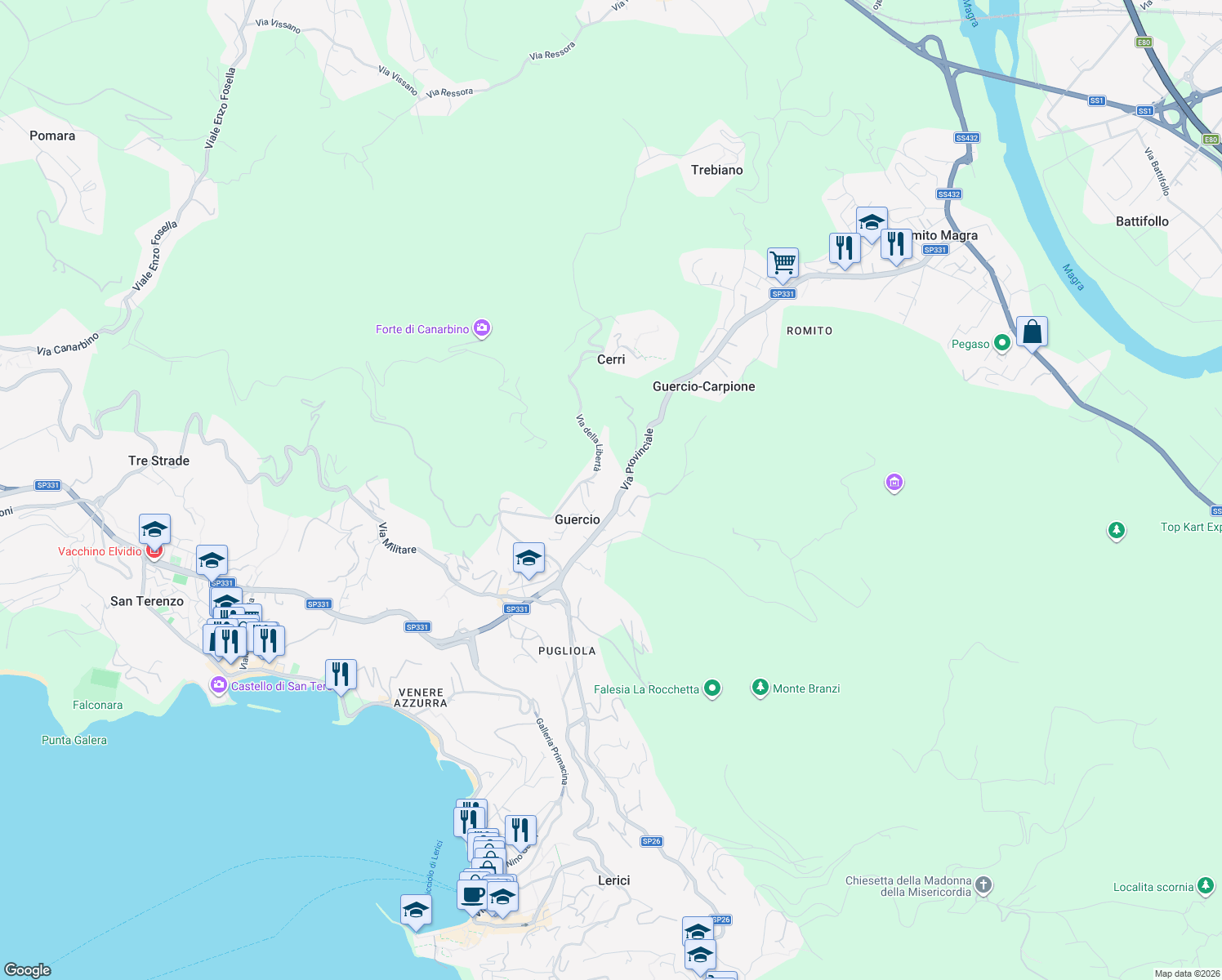 map of restaurants, bars, coffee shops, grocery stores, and more near 23 Via della Libertà in Guercio