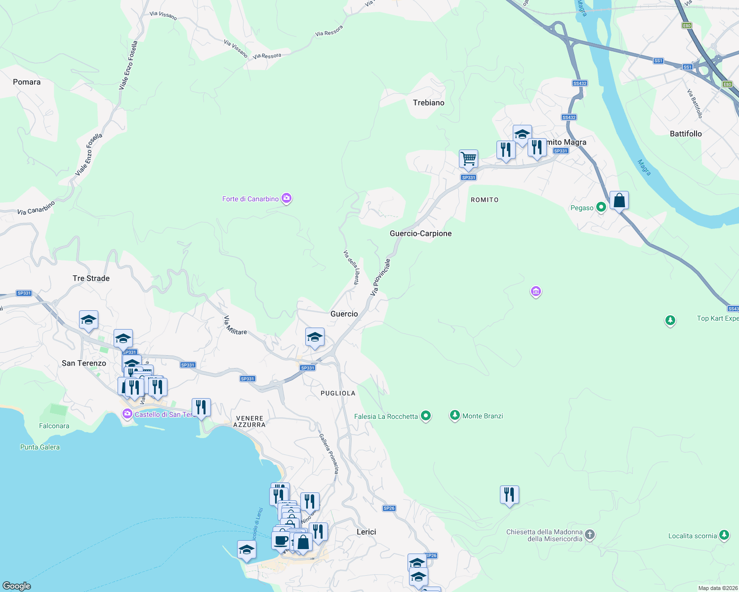 map of restaurants, bars, coffee shops, grocery stores, and more near 484 Via Provinciale in Guercio