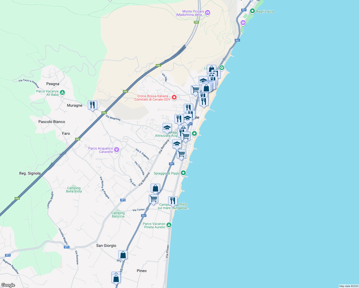 map of restaurants, bars, coffee shops, grocery stores, and more near 300 Strada Statale 1 in Ceriale