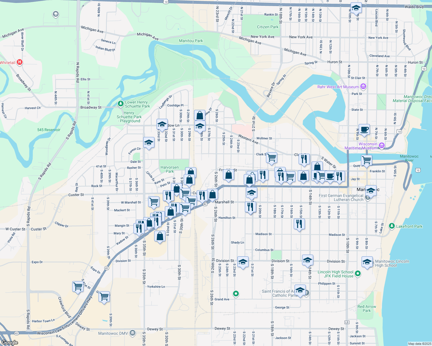 map of restaurants, bars, coffee shops, grocery stores, and more near 938 South 26th Street in Manitowoc