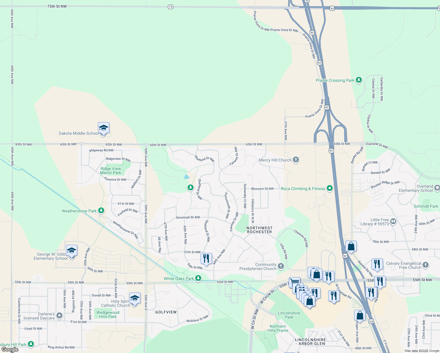 map of restaurants, bars, coffee shops, grocery stores, and more near 6400 Fairway Drive Northwest in Rochester