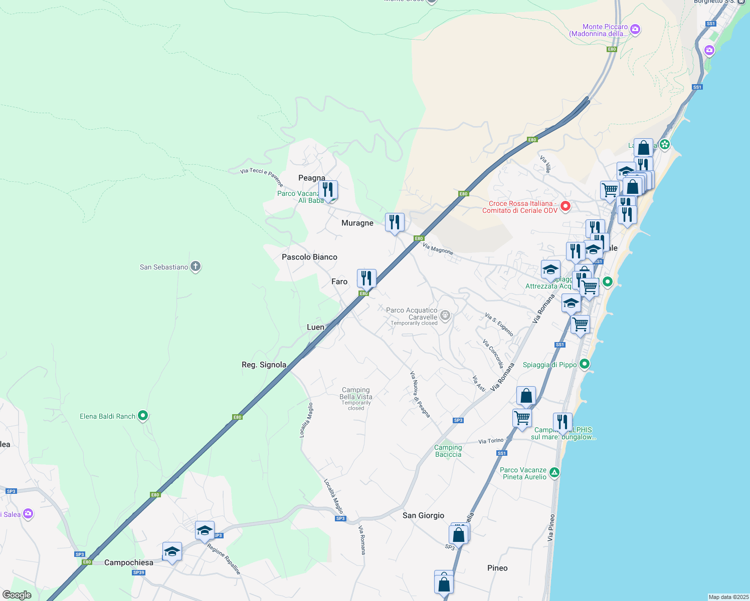 map of restaurants, bars, coffee shops, grocery stores, and more near A10 Genova - Ventimiglia in Province of Savona