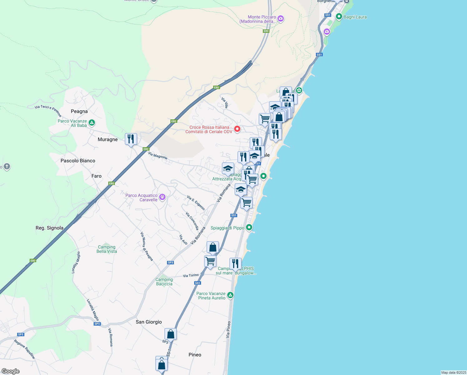 map of restaurants, bars, coffee shops, grocery stores, and more near 300 Via Aurelia in Ceriale