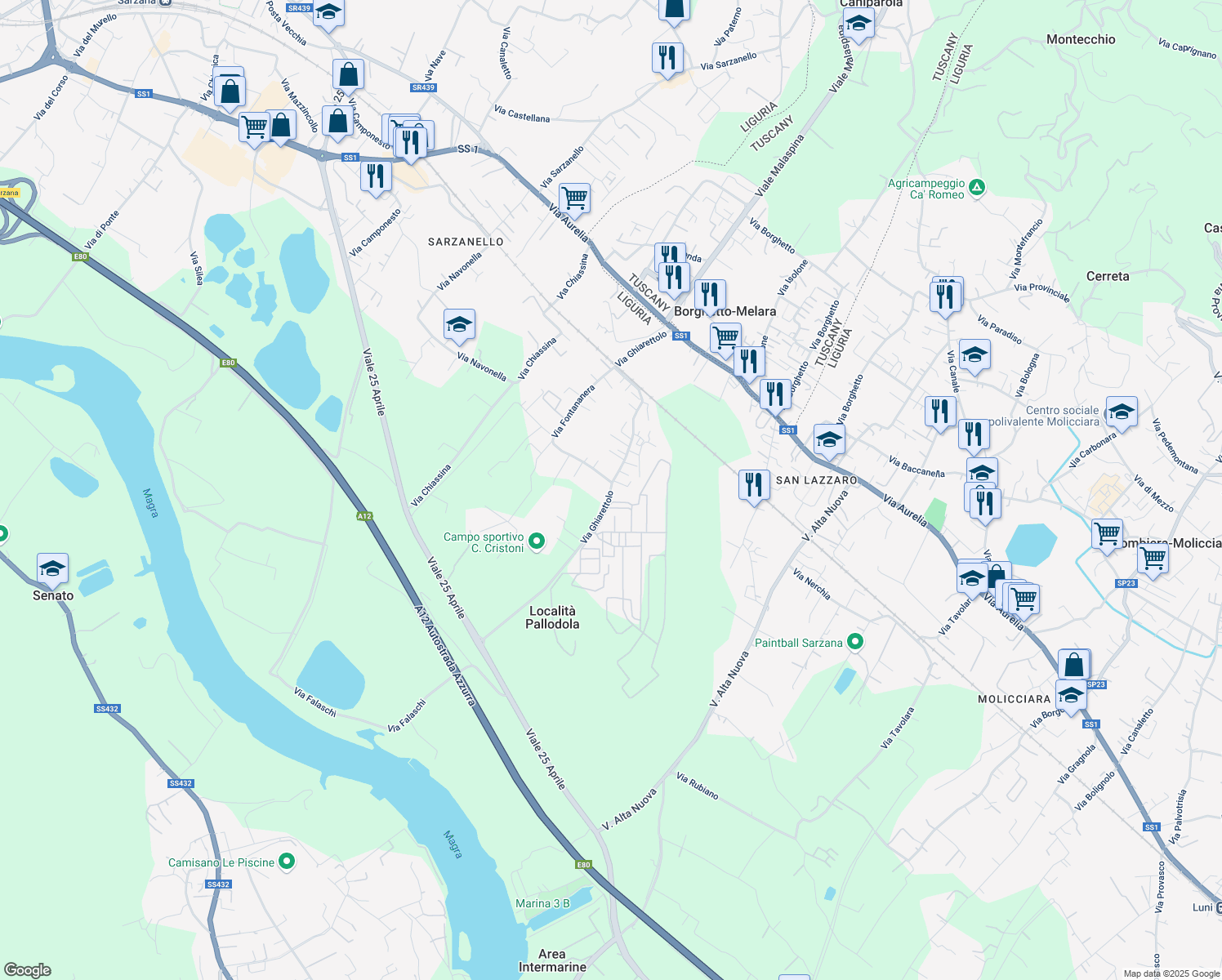 map of restaurants, bars, coffee shops, grocery stores, and more near 106 Via Ghiarettolo in Sarzana