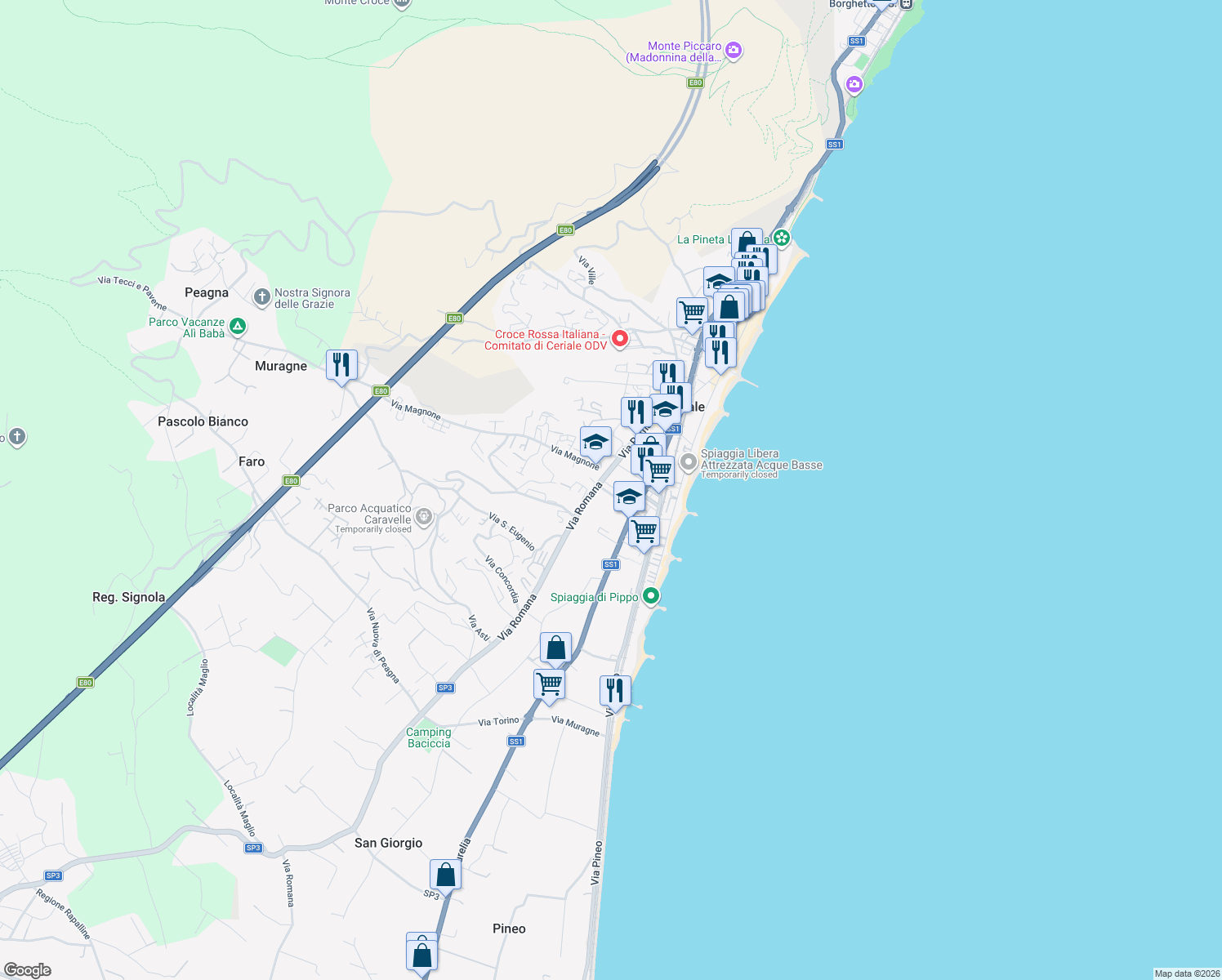 map of restaurants, bars, coffee shops, grocery stores, and more near 300 Via Aurelia in Ceriale