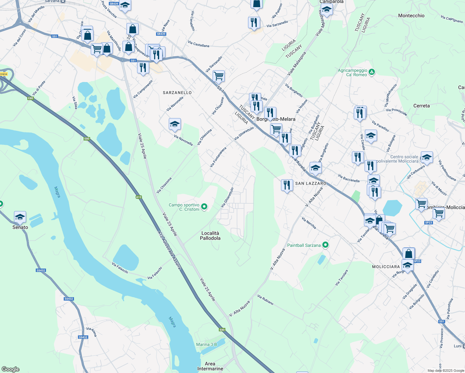 map of restaurants, bars, coffee shops, grocery stores, and more near Via Ghiarettolo in Provincia della Spezia
