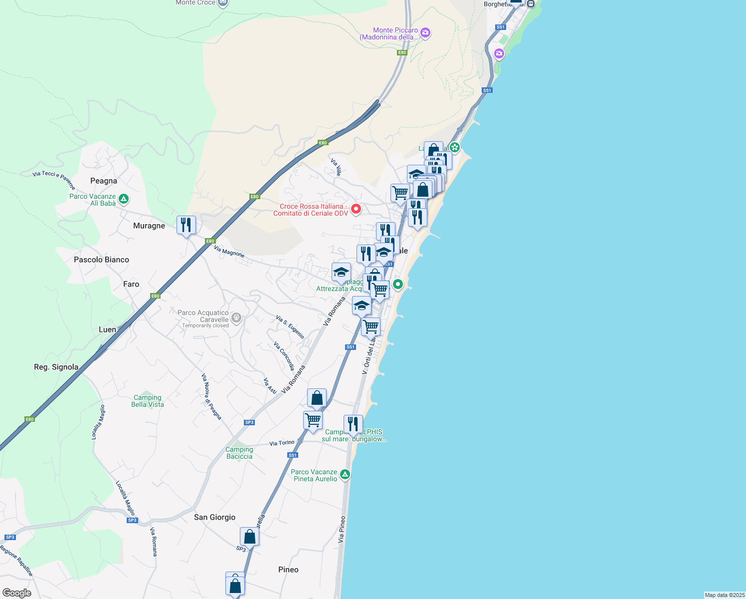 map of restaurants, bars, coffee shops, grocery stores, and more near 93 Strada Statale 1 in Ceriale