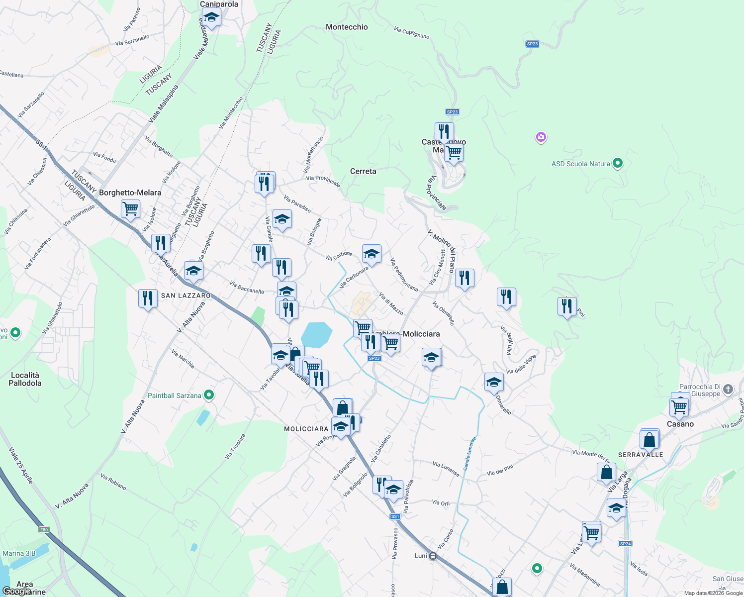 map of restaurants, bars, coffee shops, grocery stores, and more near 47 Via di Mezzo in Colombiera-molicciara