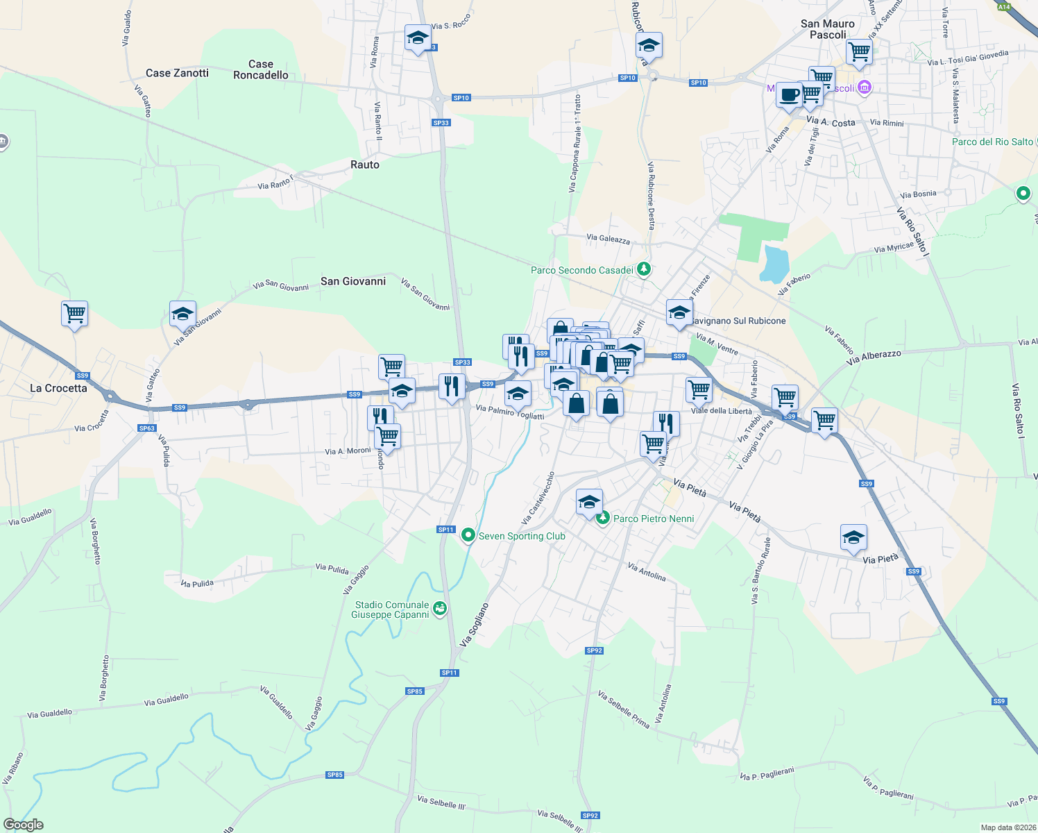 map of restaurants, bars, coffee shops, grocery stores, and more near 5 Via Palmiro Togliatti in Savignano Sul Rubicone