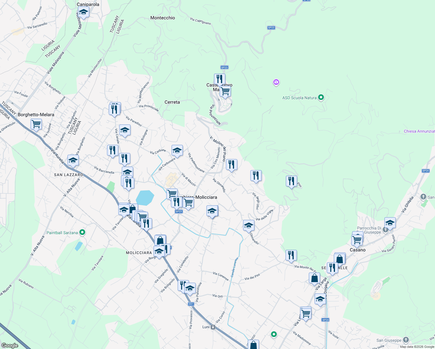 map of restaurants, bars, coffee shops, grocery stores, and more near 4 Via Molino del Piano in Colombiera-Molicciara